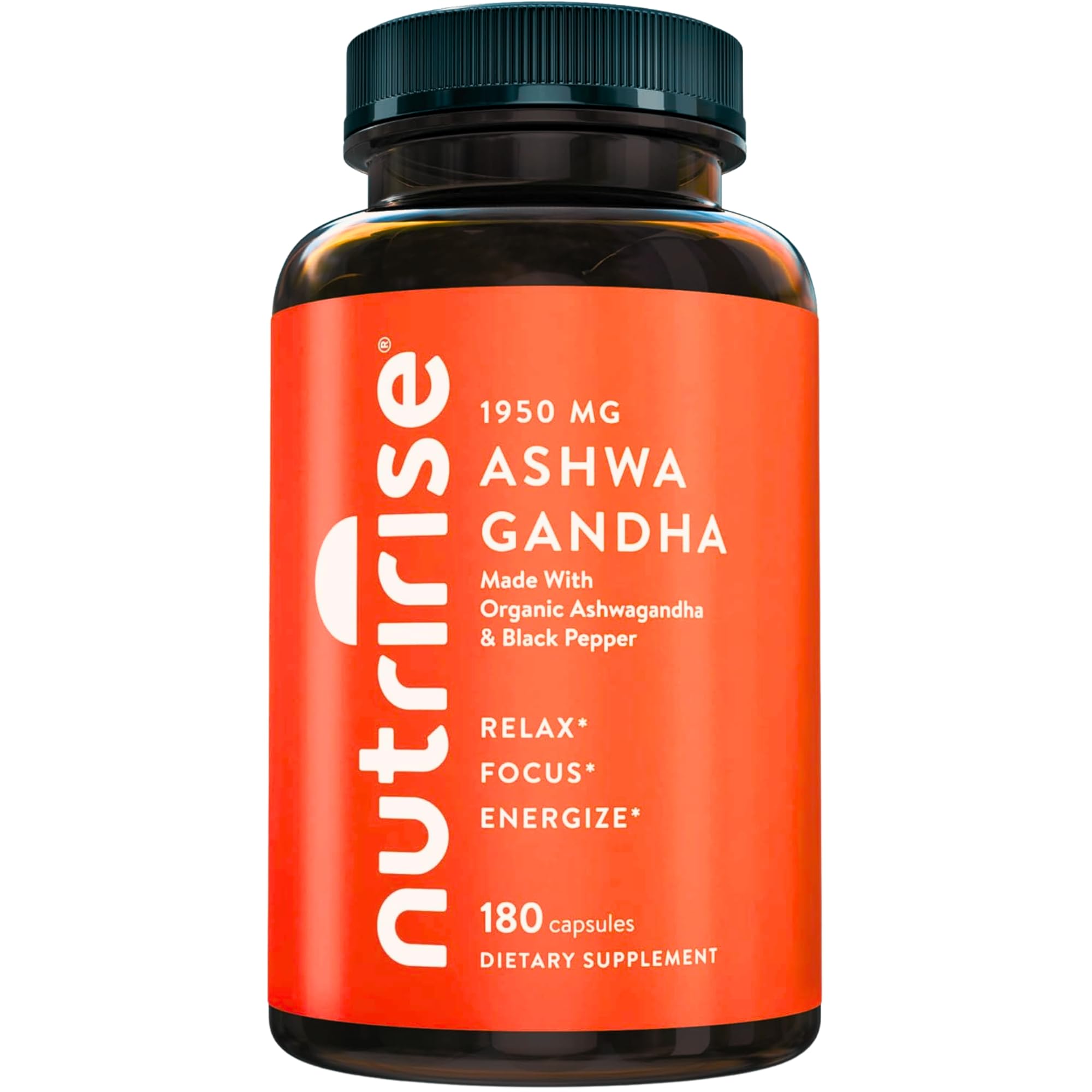 NutriRise envase frontal mostrando 180 cápsulas y etiqueta orgánica