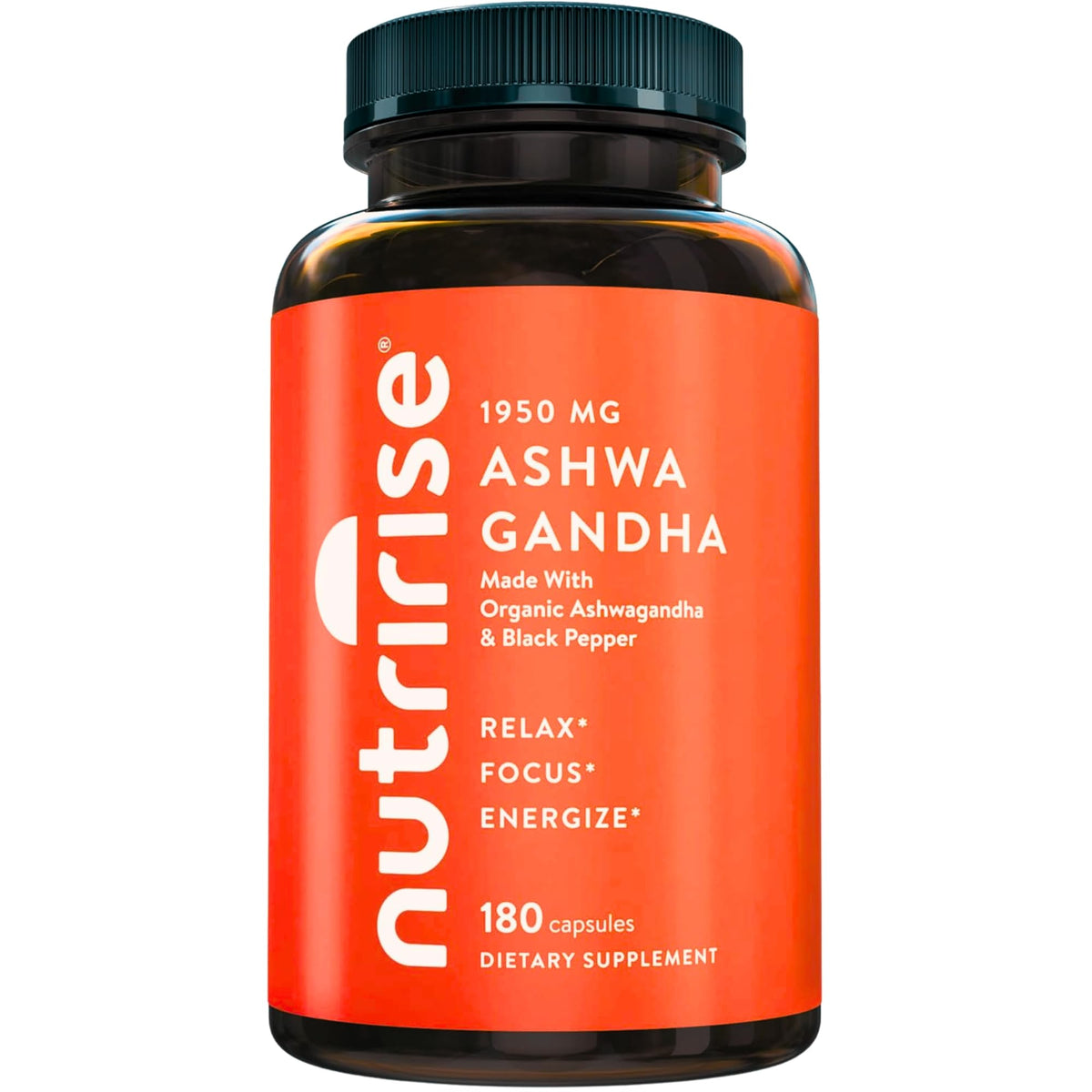 NutriRise envase frontal mostrando 180 cápsulas y etiqueta orgánica