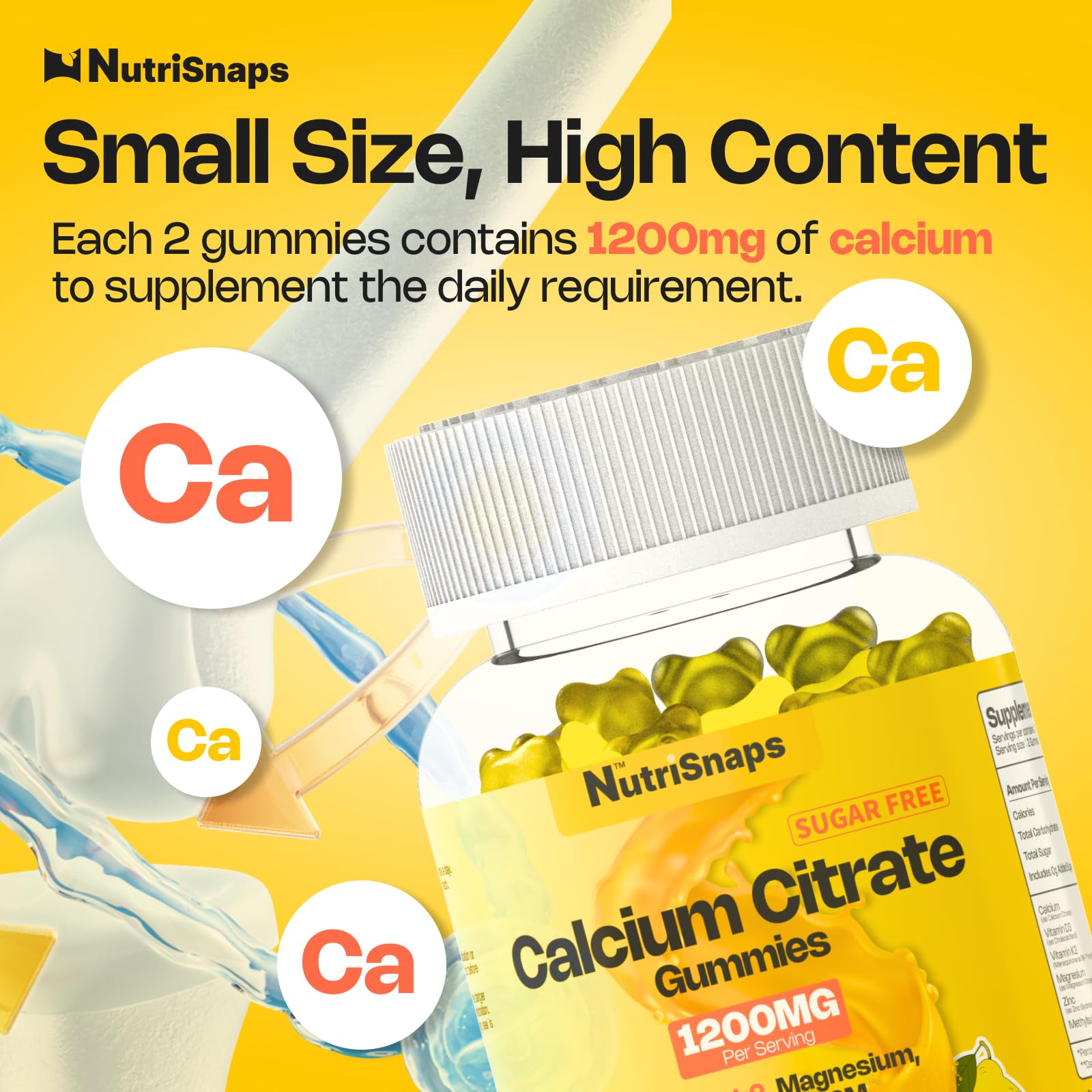 Nutrisnaps etiqueta de ingredientes destacando calcio 1200 mg y vitaminas D3 K2