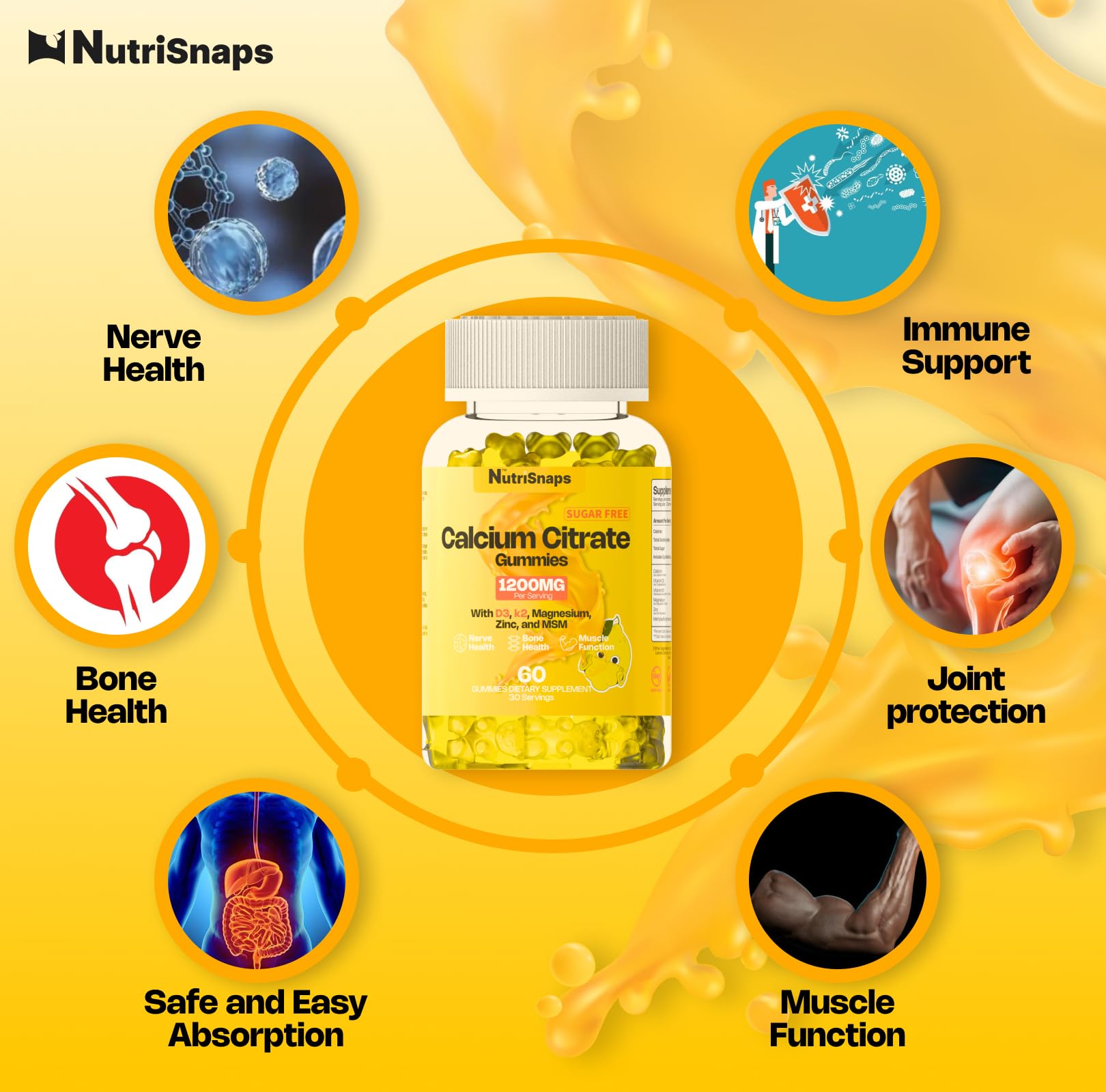 Nutrisnaps envase abierto con gomitas junto a un vaso, sugiere toma cotidiana práctica
