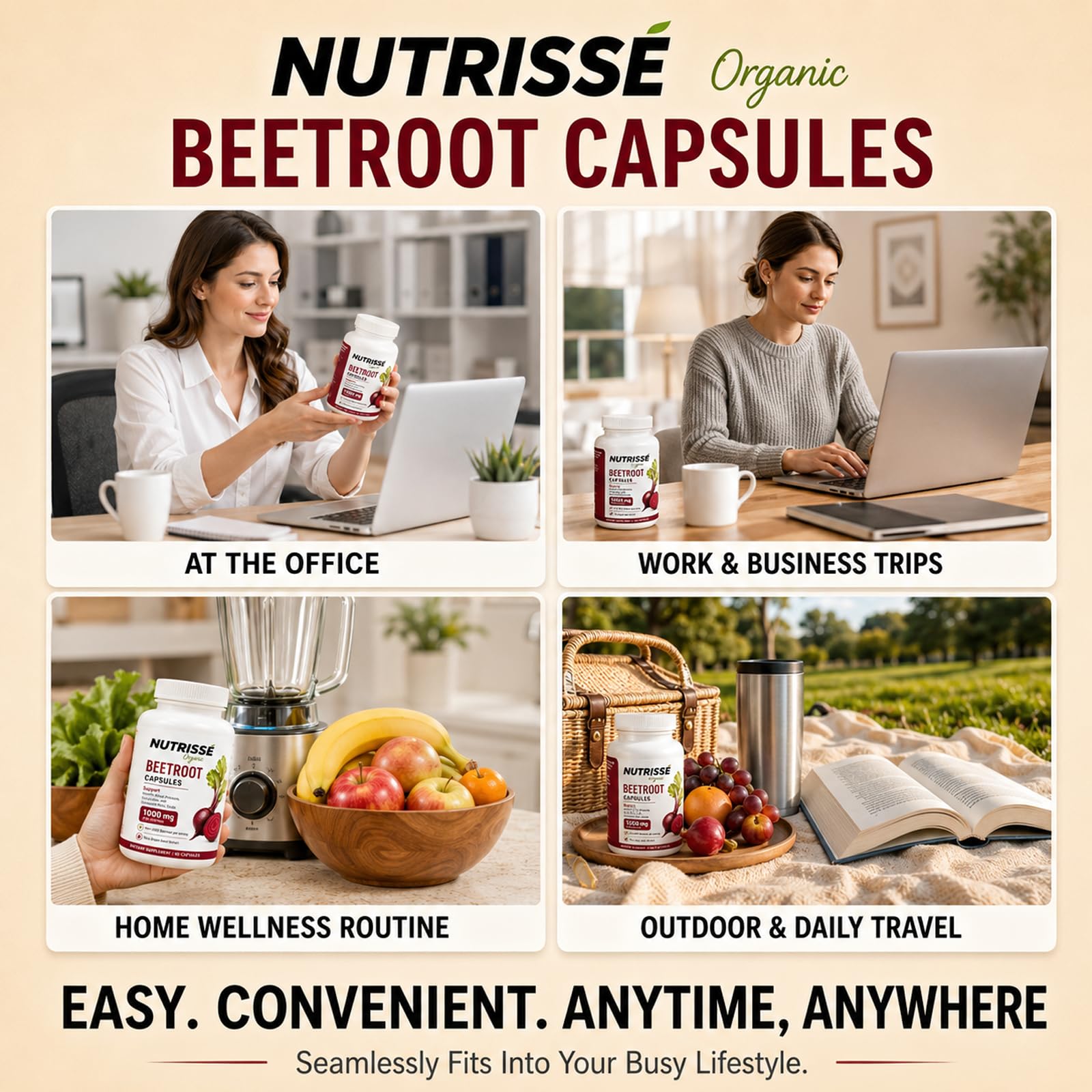 Nutrisse Organic cápsula junto a botella de agua, ideal para llevar