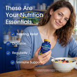 Nutrition Essentials frasco junto a mano para escala, beneficio tamaño portátil