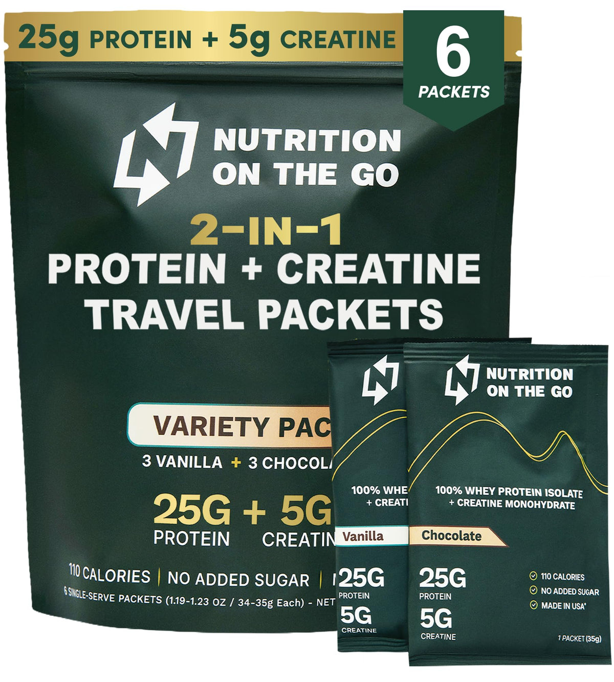 Nutrition On The Go frente del pack mostrando 6 sobres y beneficios portátiles