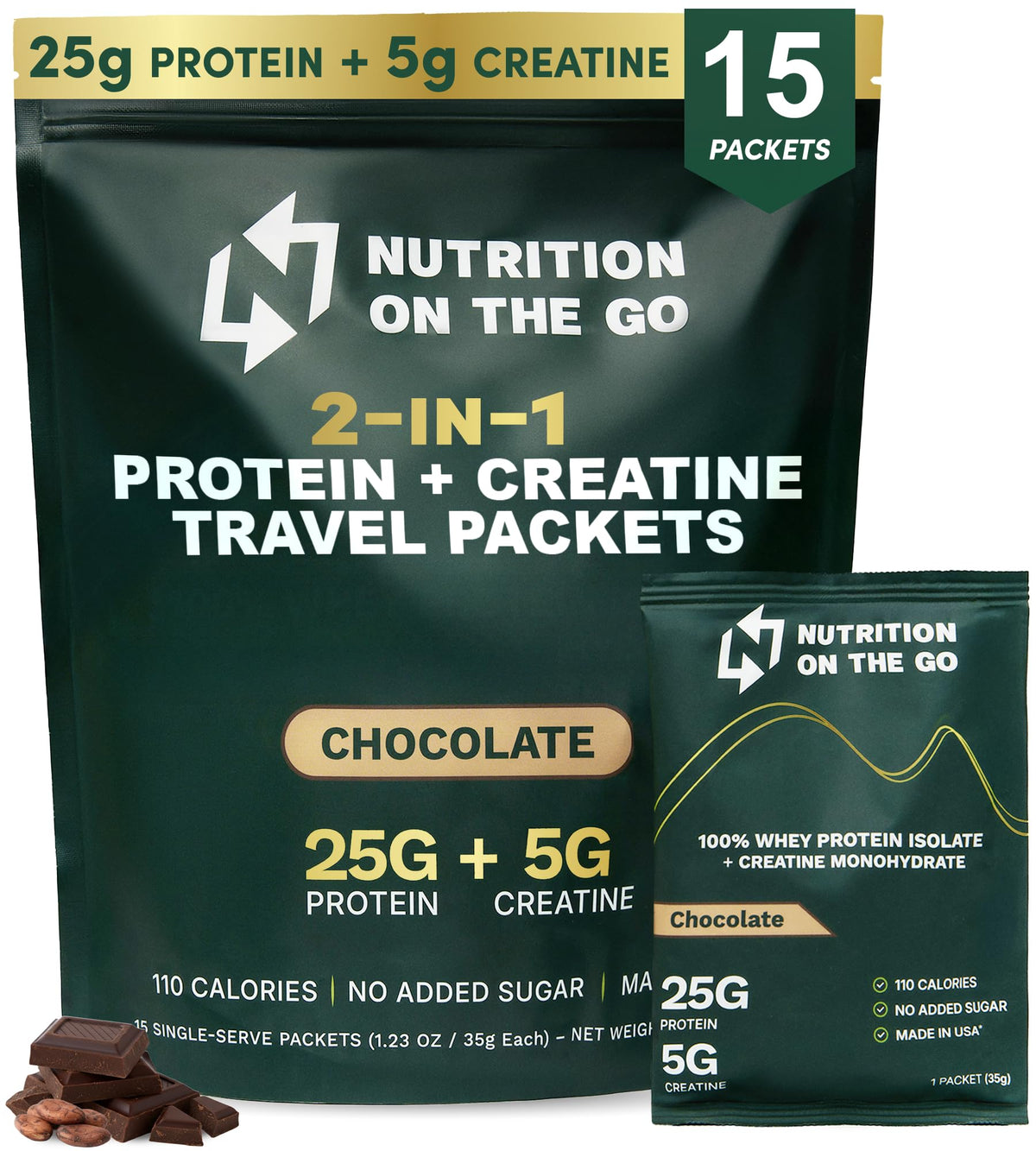 Nutrition On The Go frente del sobre chocolate muestra conveniencia portátil