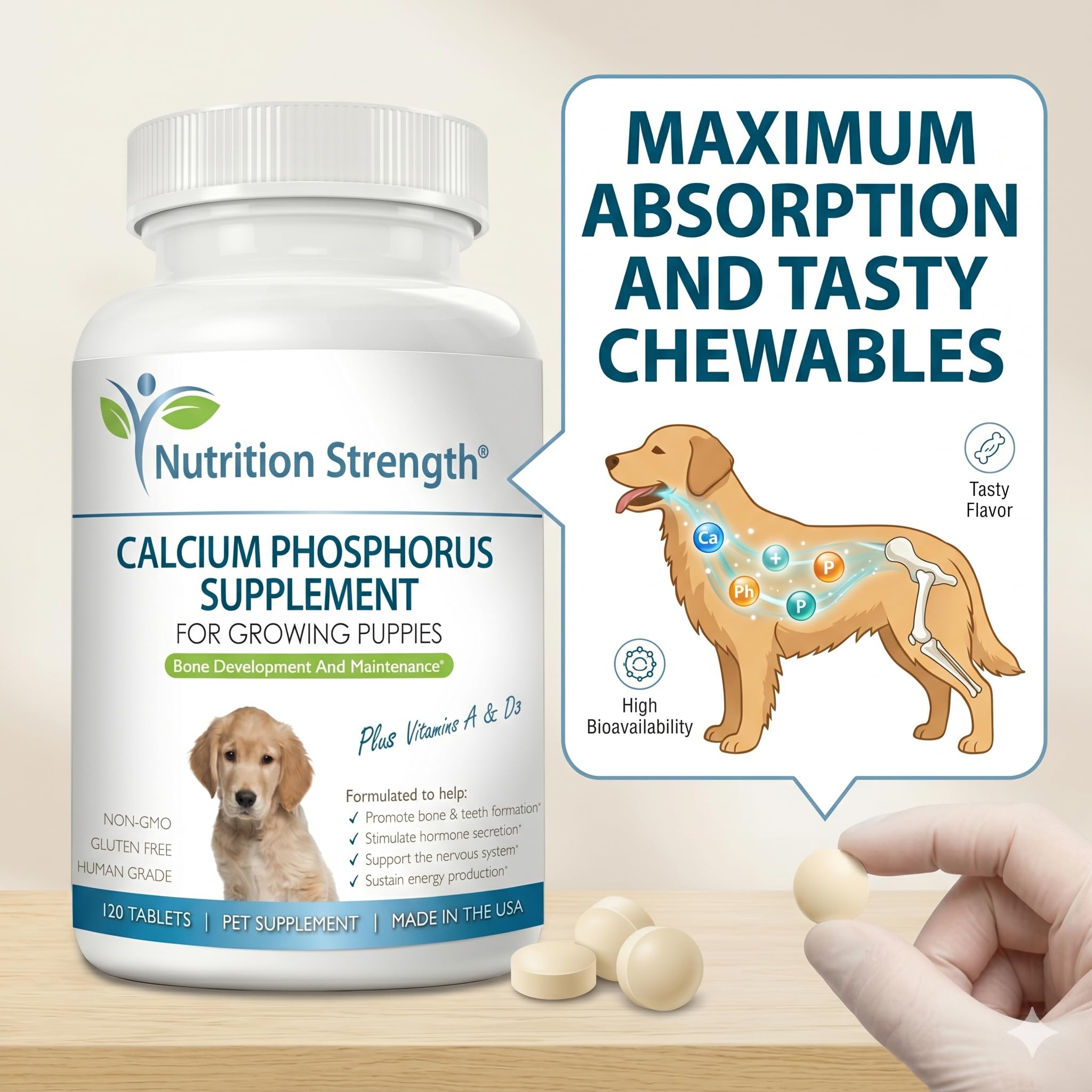 Nutrition Strength comprimidos junto a kibble, complementan la dieta