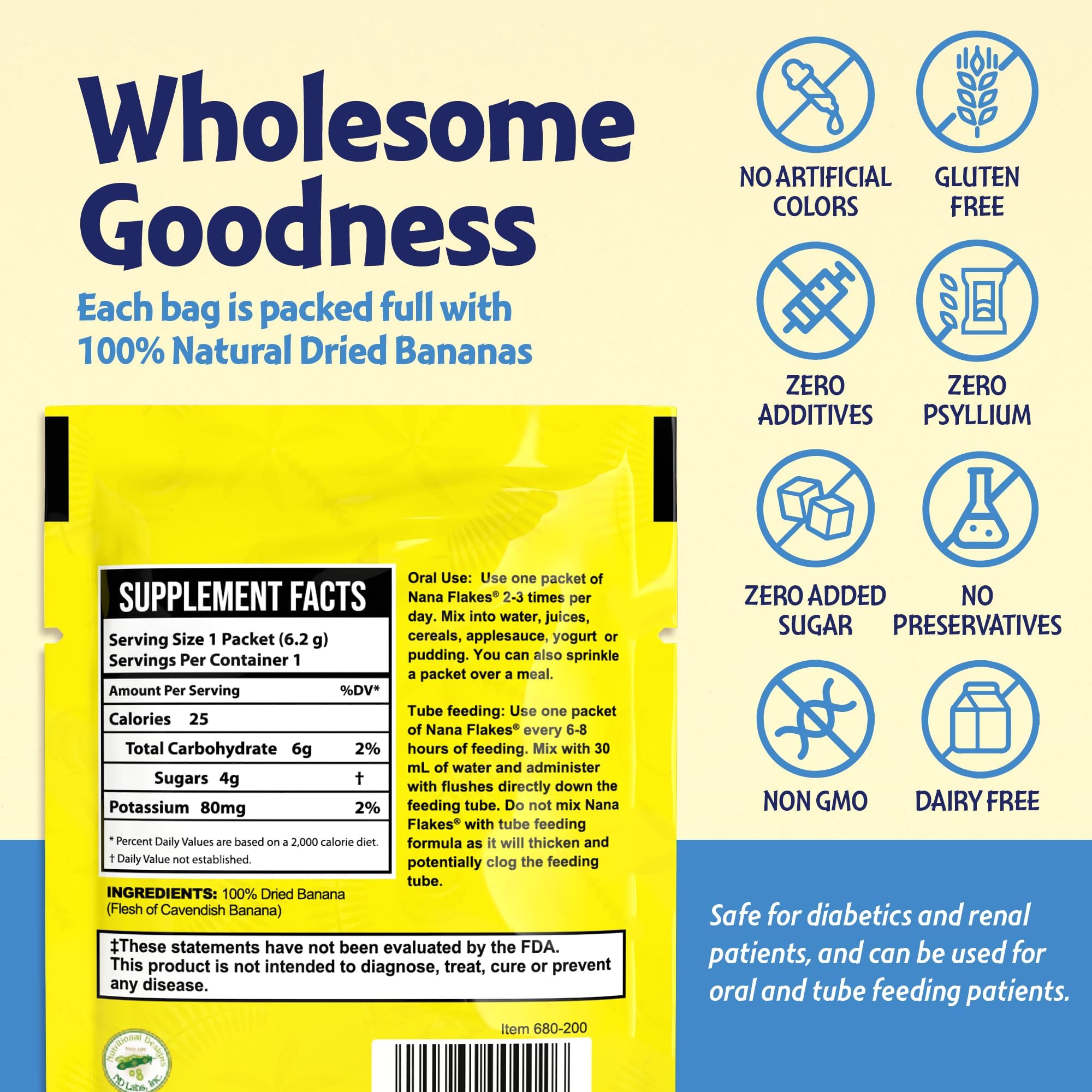 Nutritional Designs Nana Flakes comparación de tamaño del sobre para control de porciones