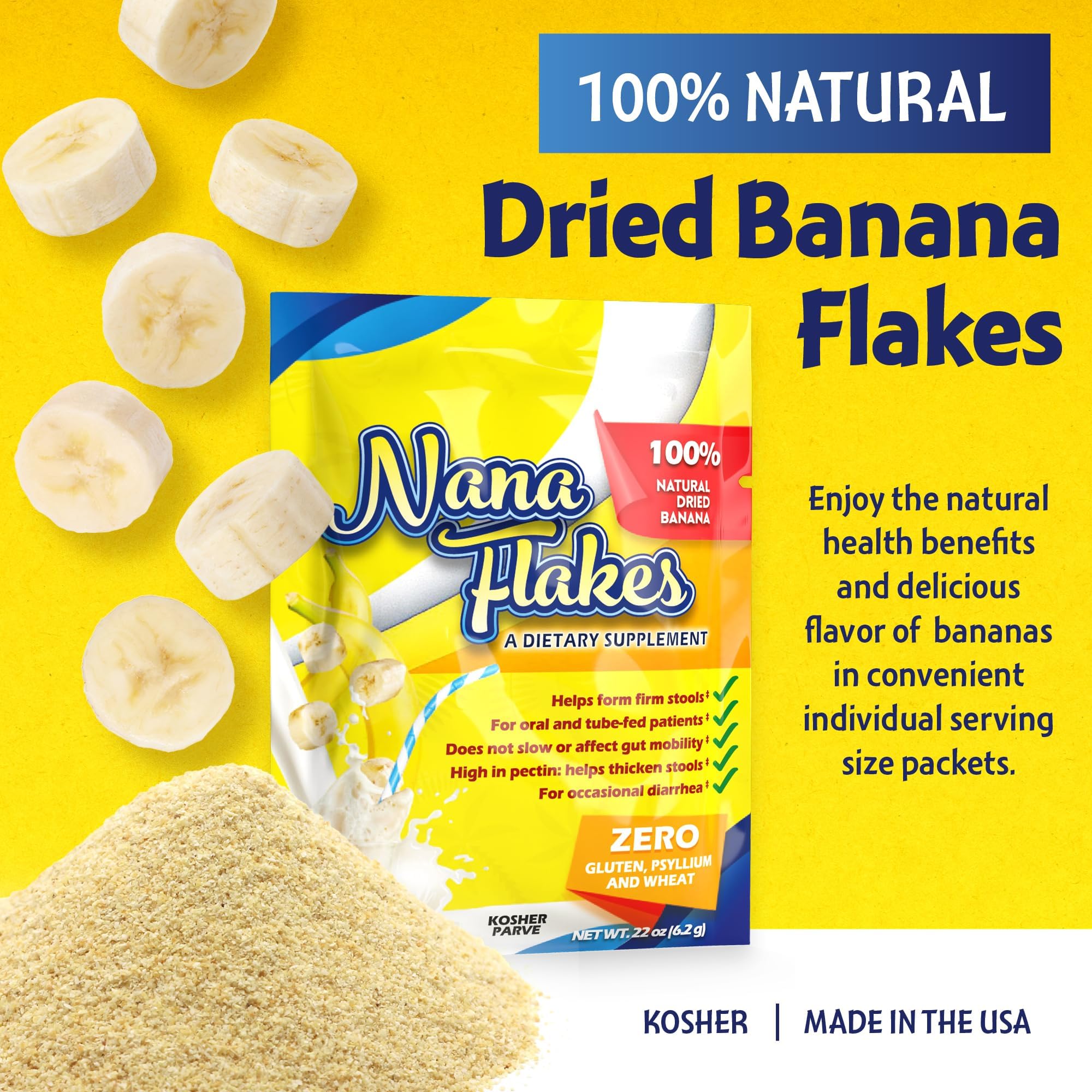 Nutritional Designs Nana Flakes sobre individual abierto listo para mezclar y transportar