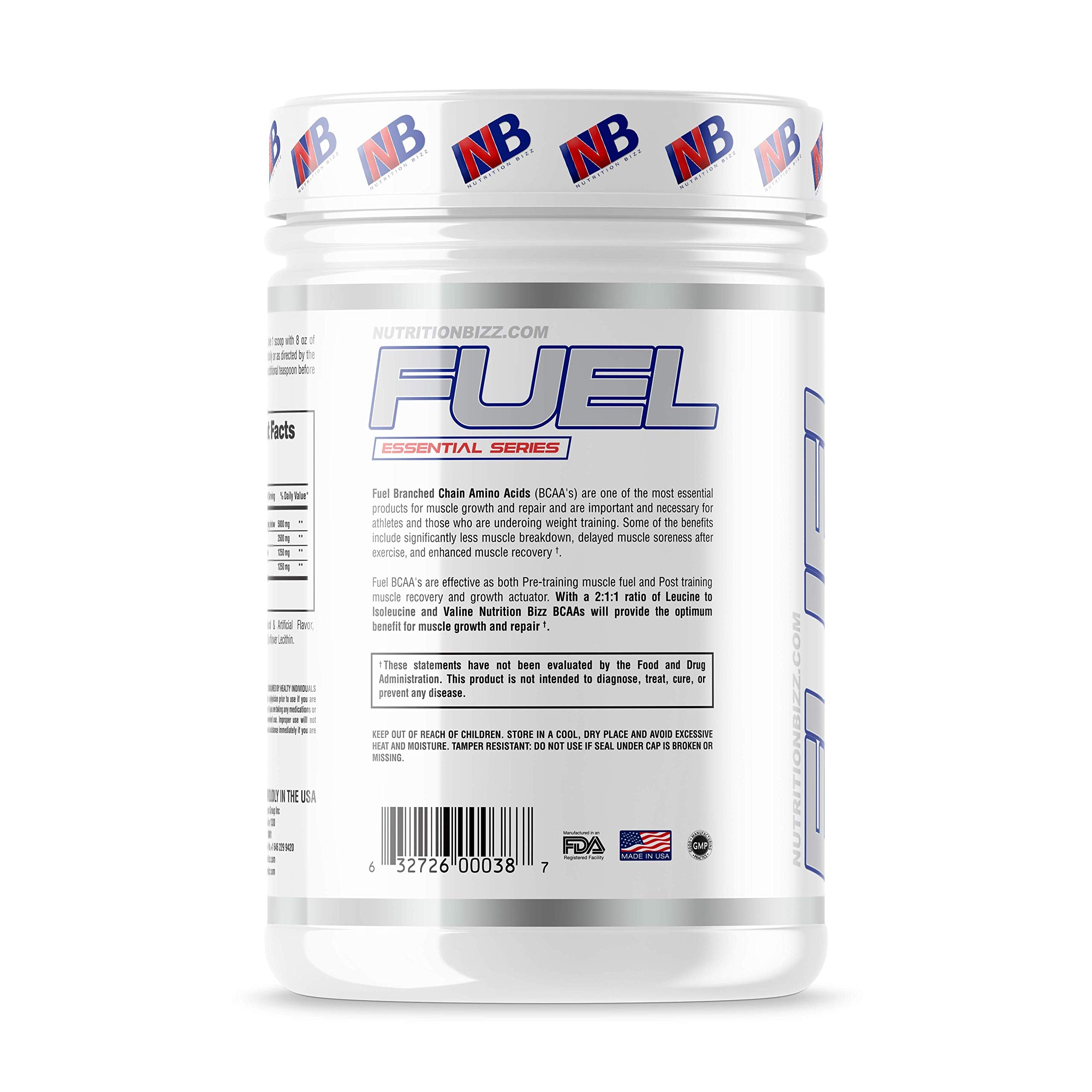 NutritionBizz primer plano del polvo BCAA mostrando textura fina y mezcla rápida