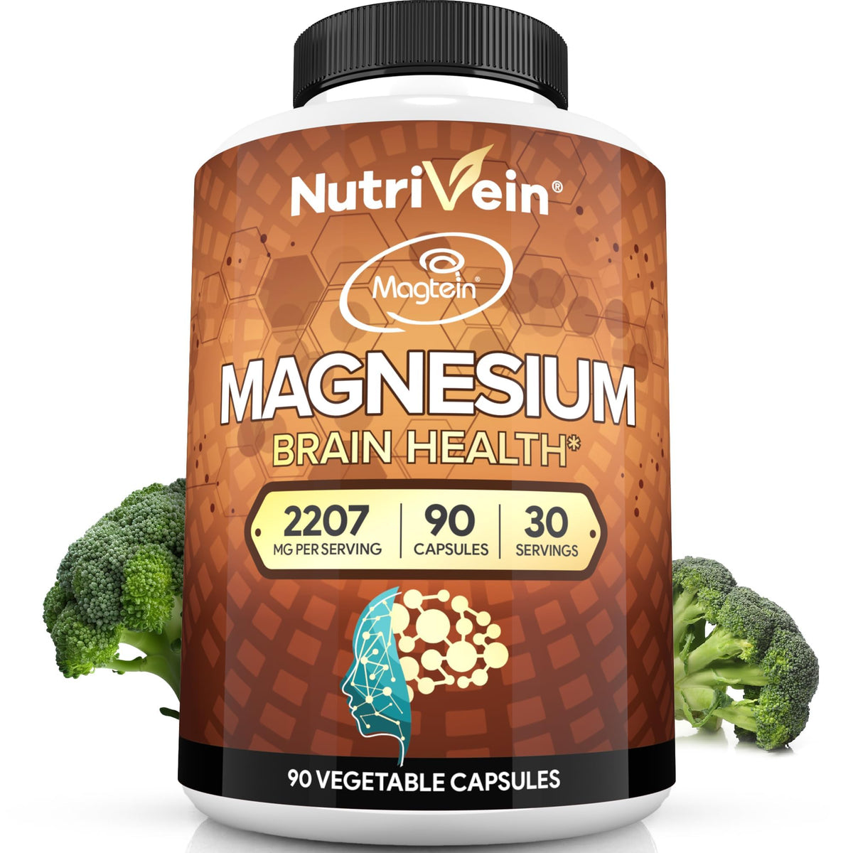 Nutrivein frasco delantero mostrando Magtein y beneficio cognitivo