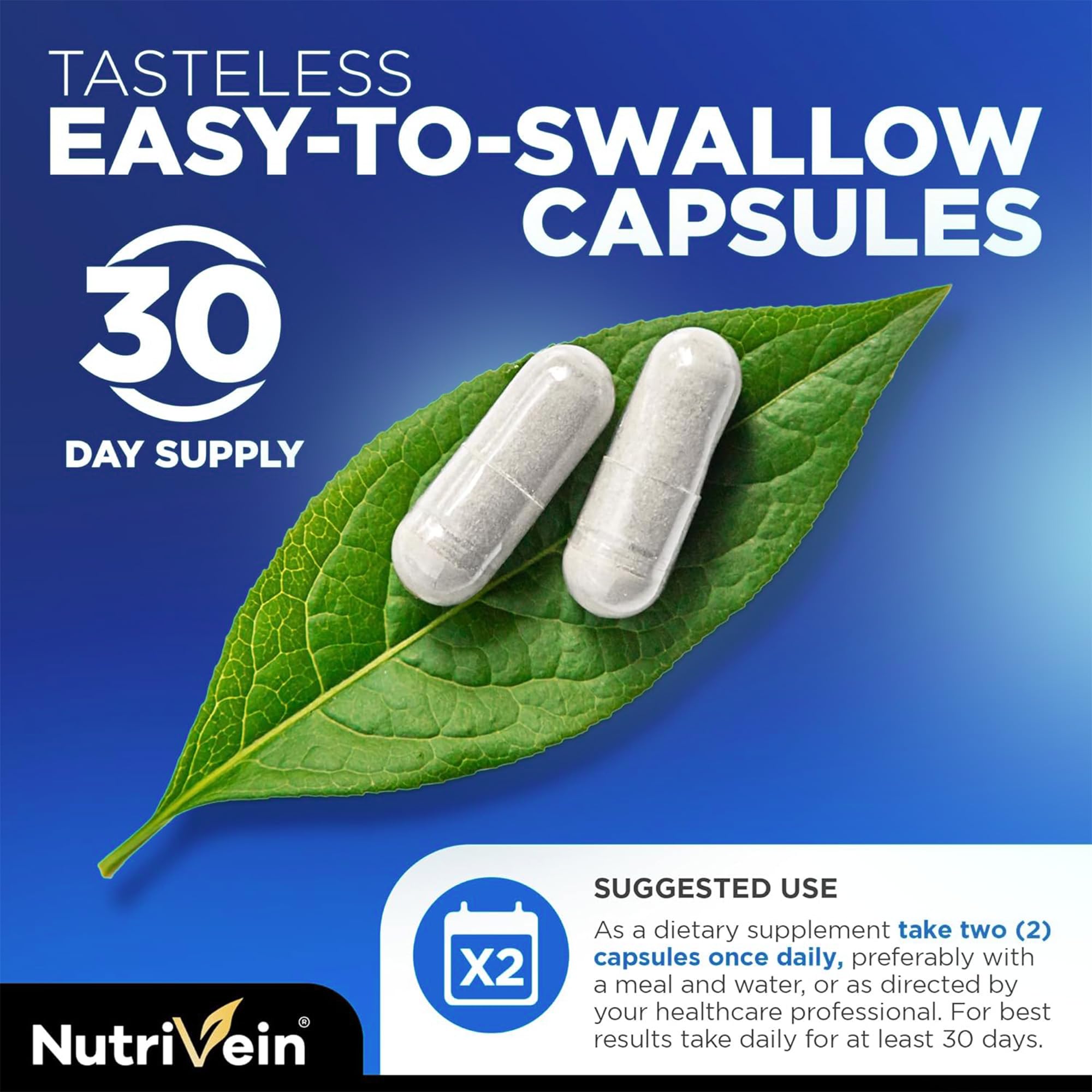 Nutrivein cápsulas junto a vaso de agua indicando uso diario práctico