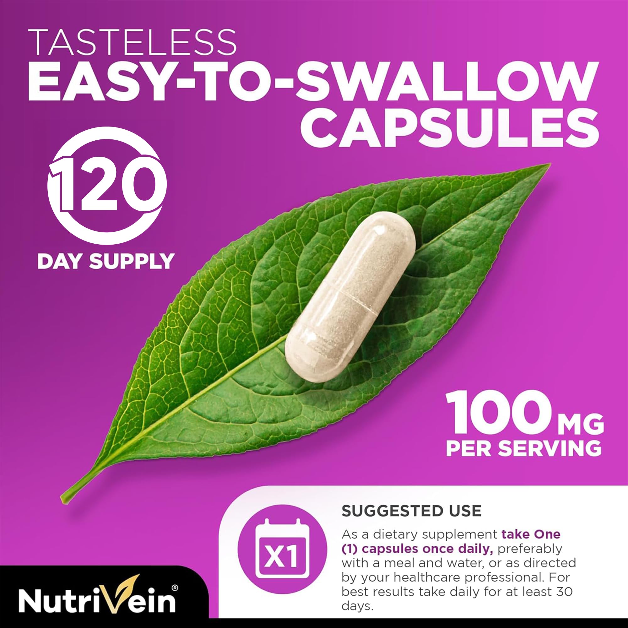 Nutrivein cápsulas sobre mesa junto a alimentos para uso diario