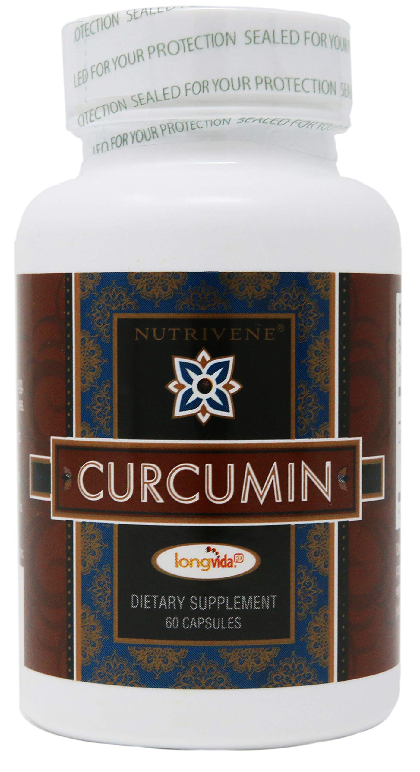 Nutrivene Curcumin Longvida frasco frontal mostrando etiqueta y beneficios de dosificación