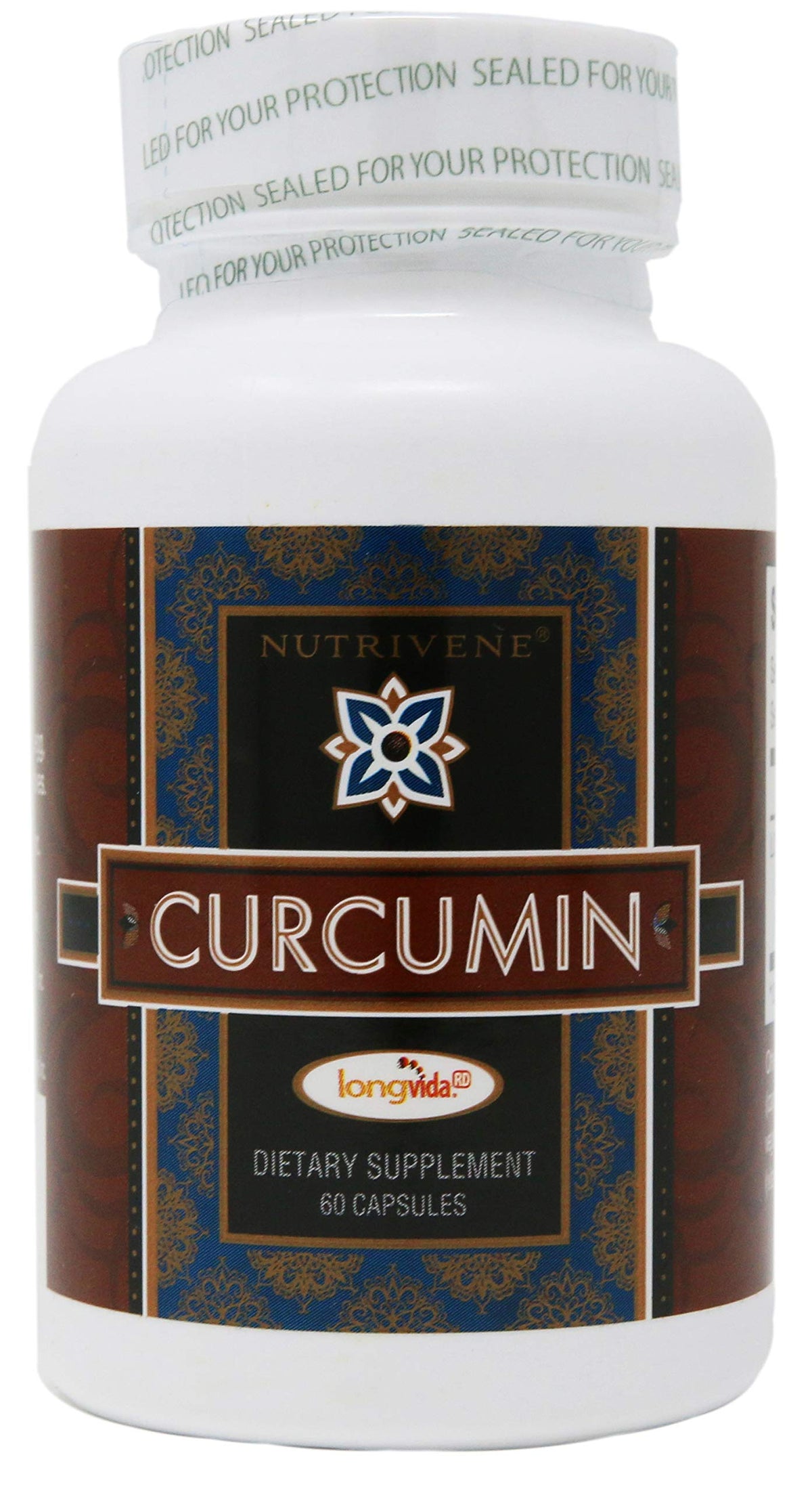 Nutrivene Curcumin Longvida frasco frontal mostrando etiqueta y beneficios de dosificación