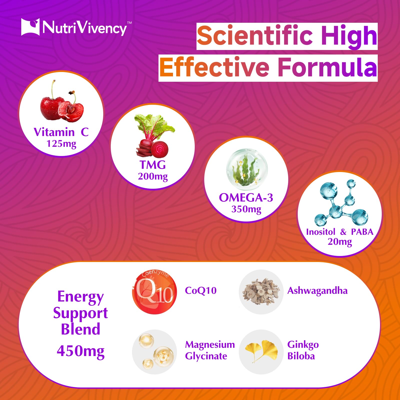 Ingredientes NutriVivency: ashwagandha, magnesio y CoQ10 organizados