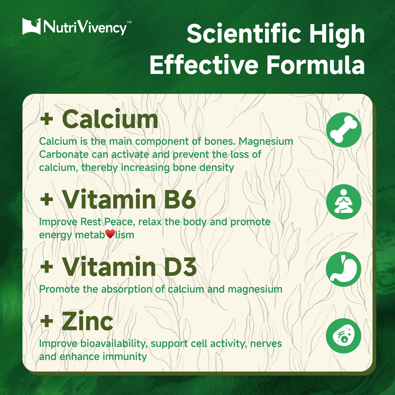 NutriVivency ingredientes clave calcio B6 D3 y zinc para absorción