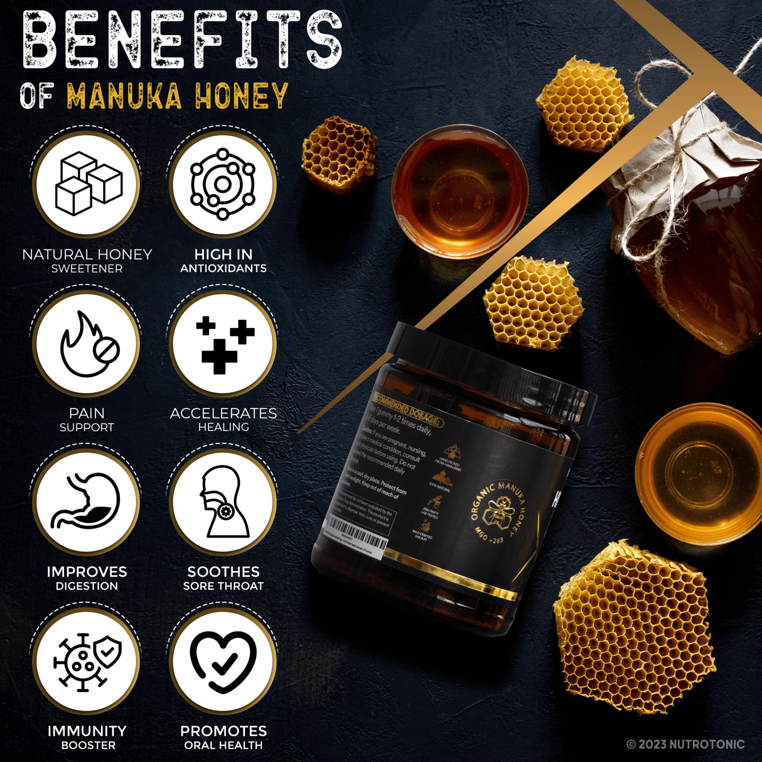 NutroTonic gominolas sobre superficie natural evocan origen orgánico