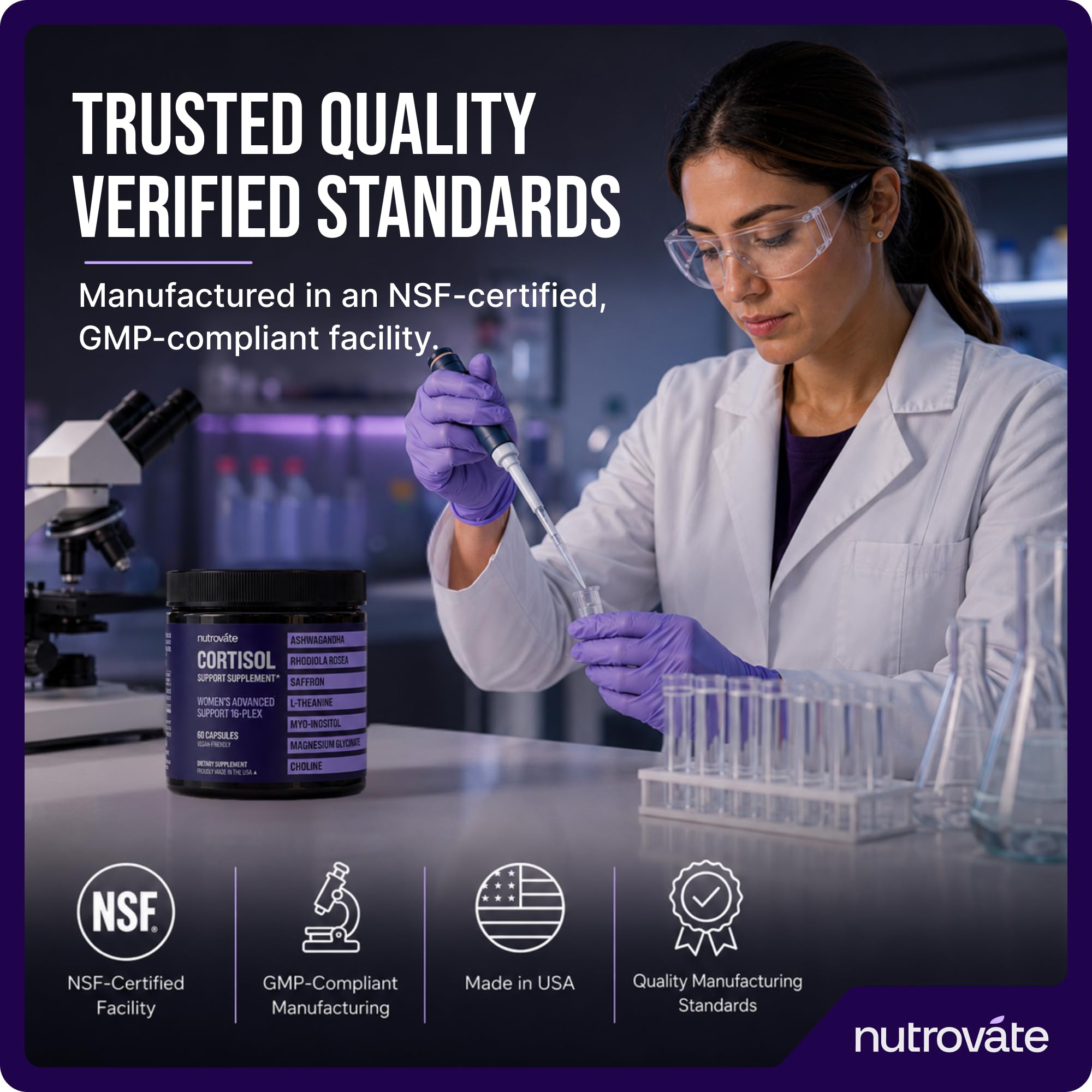 NutroVate caja y frasco mostrando sello GMP y fabricación en USA