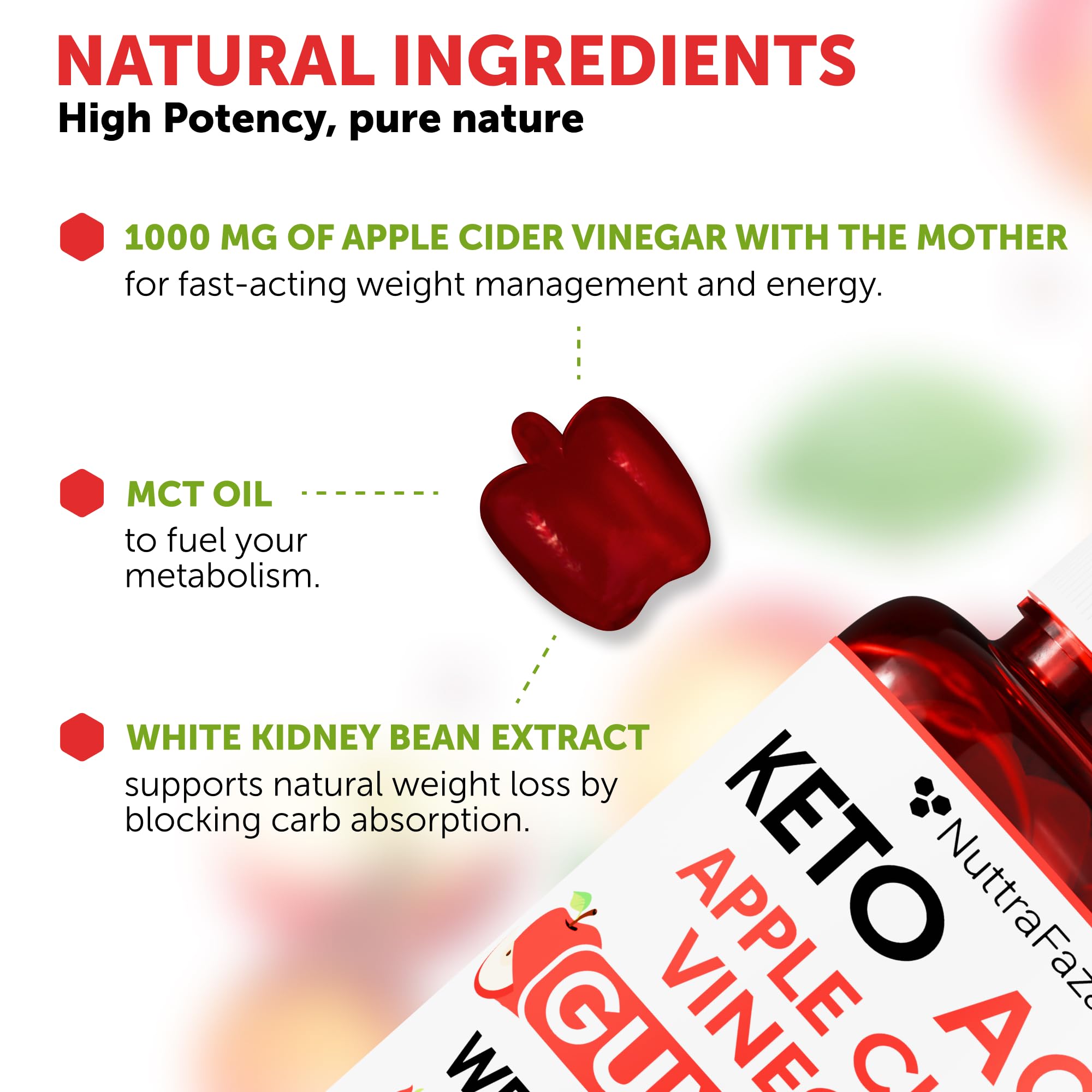 Ingredientes clave NuttraFaza: vinagre de manzana, remolacha y granada en una disposición clara