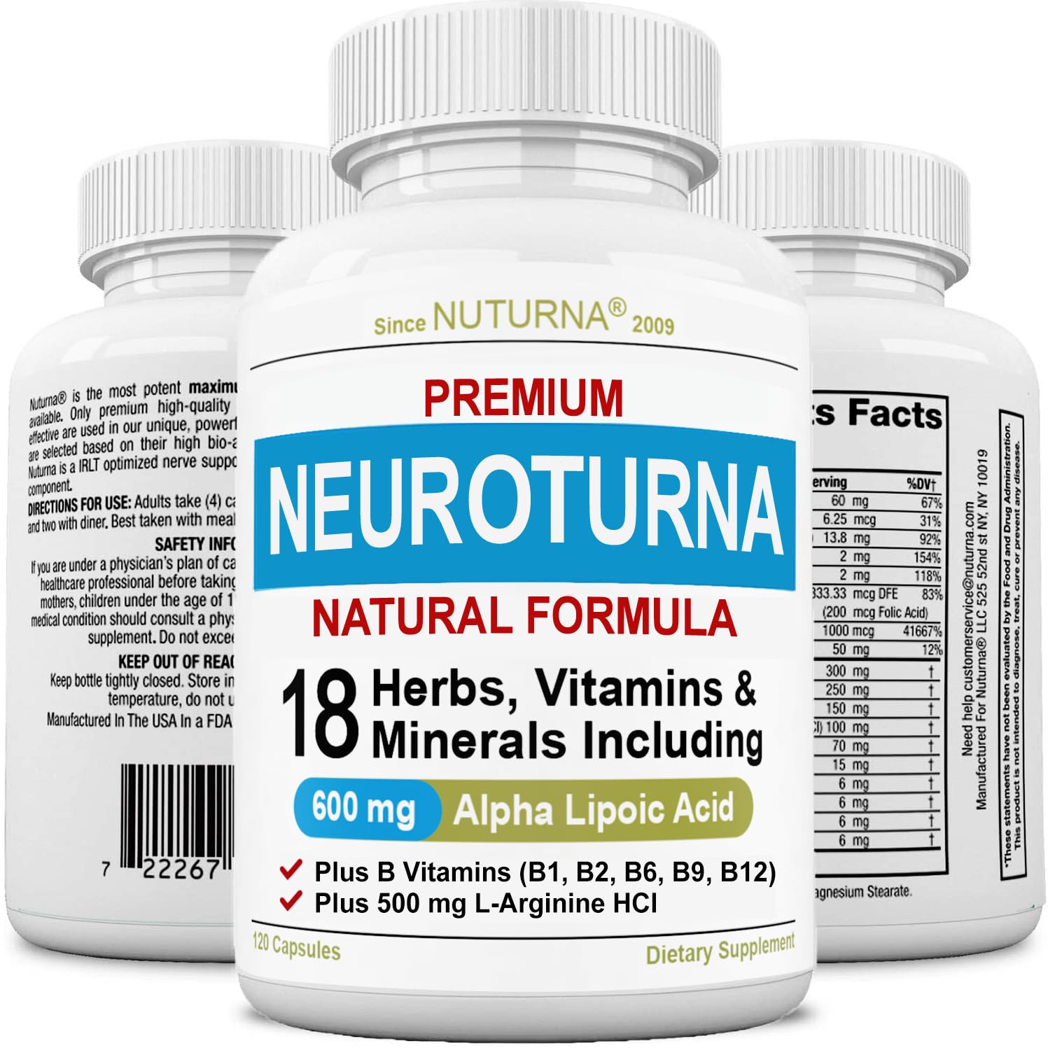 Nuturna frasco frontal mostrando etiqueta y 120 cápsulas, confianza de calidad Nuturna
