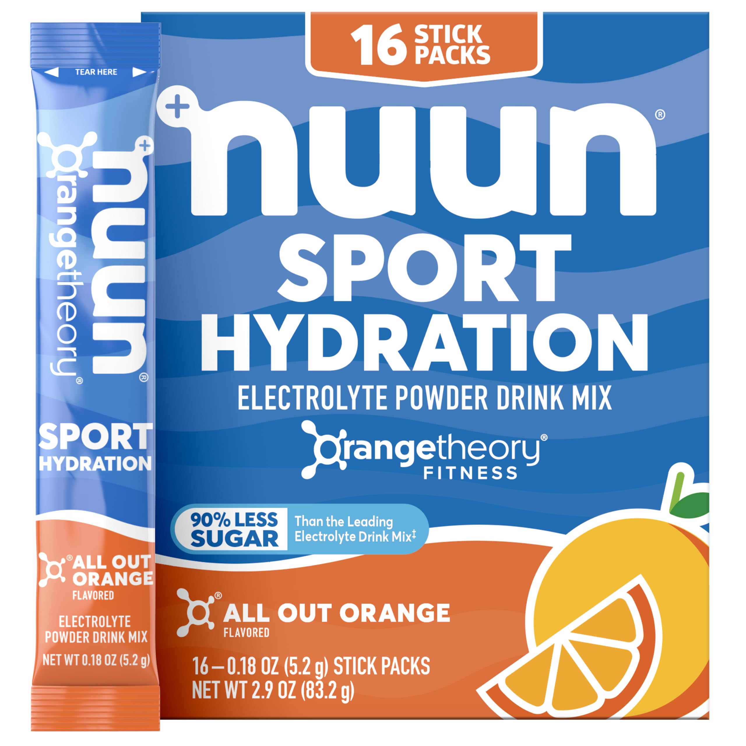 Nuun All Out Orange vista frontal mostrando 16 sobres, hidratación portátil