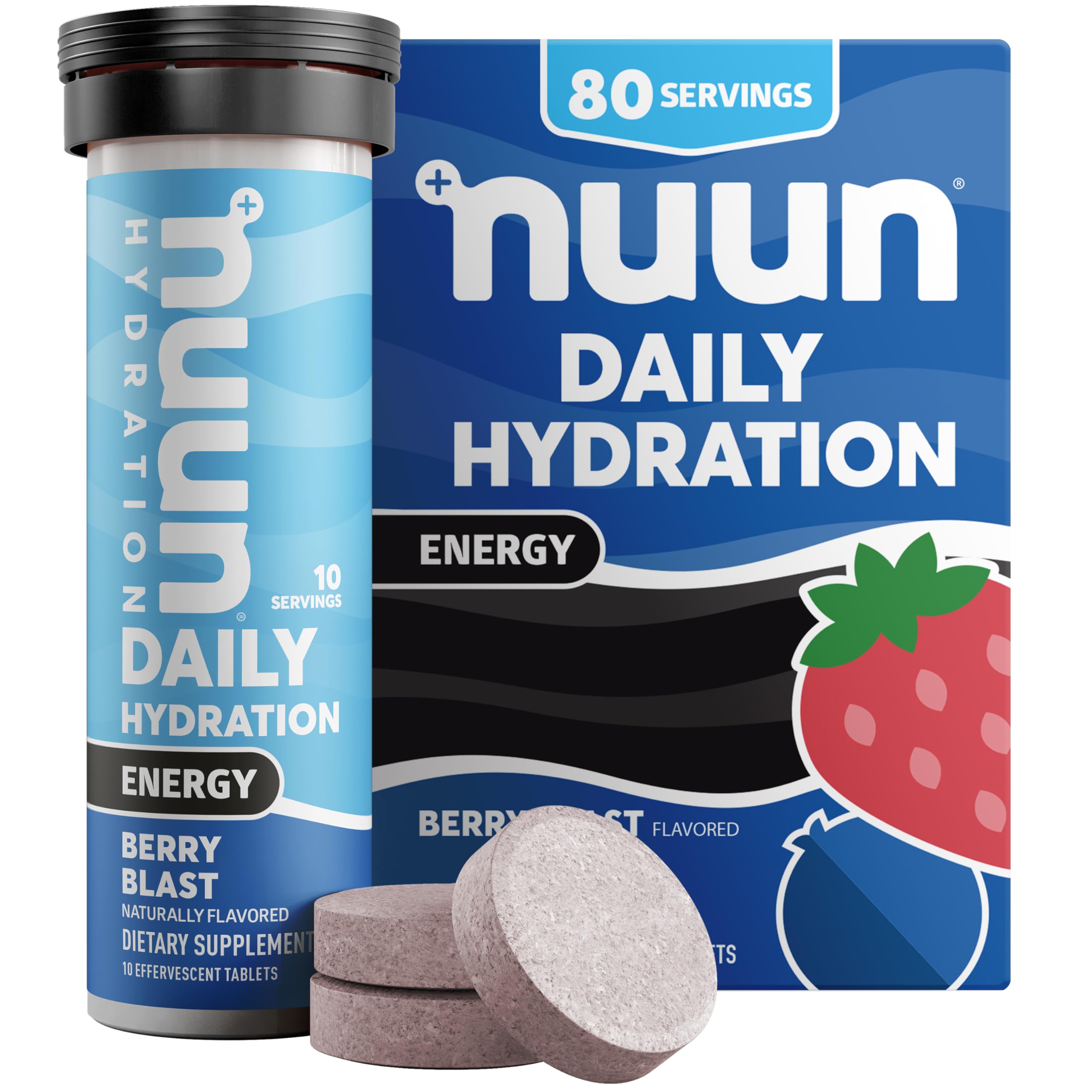 Nuun frente del tubo Berry Blast mostrando diseño y conveniencia para llevar