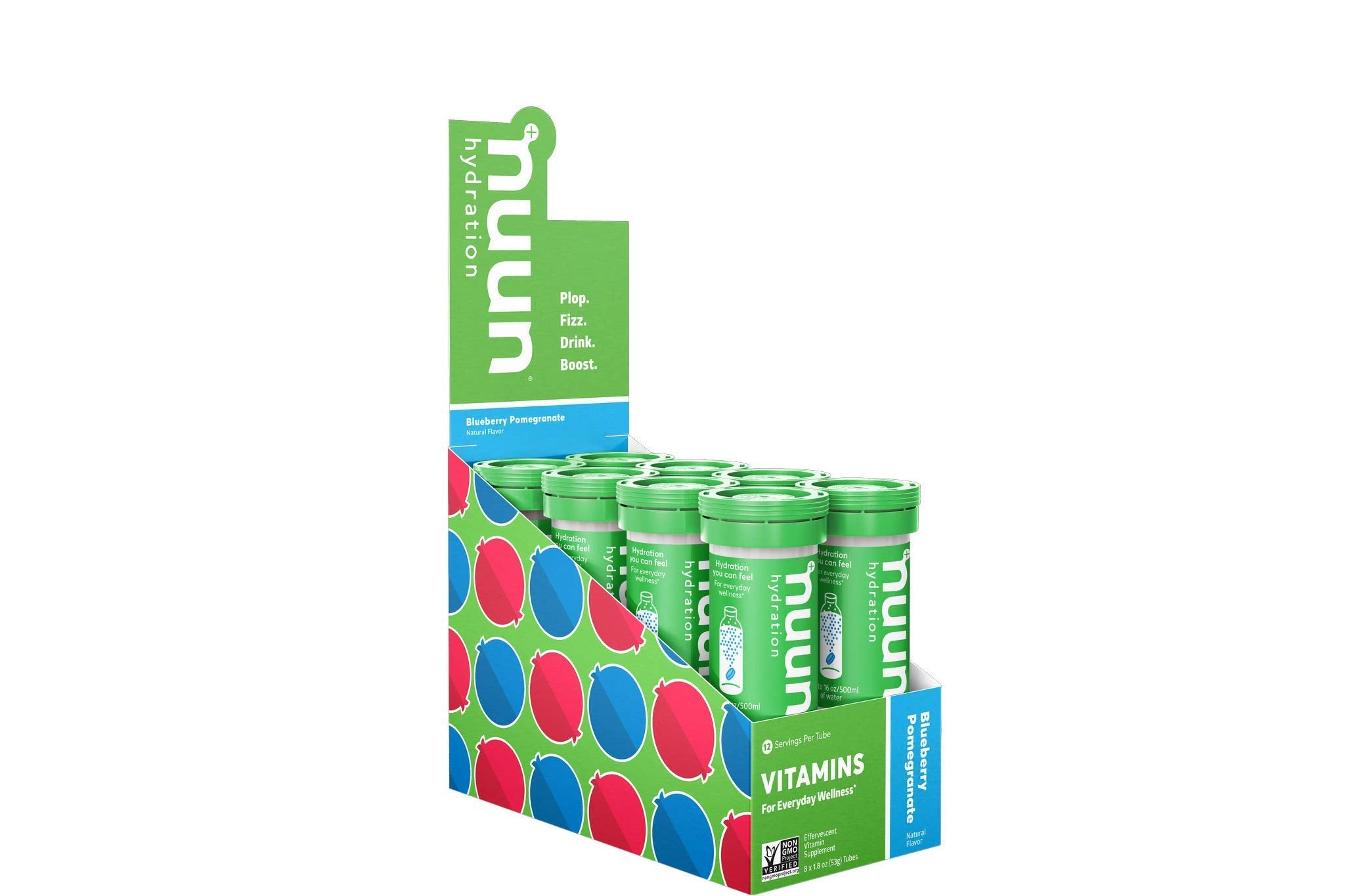Nuun Blueberry Pomegranate frontal, envase y tabletas mostrando sabor y fácil hidratación