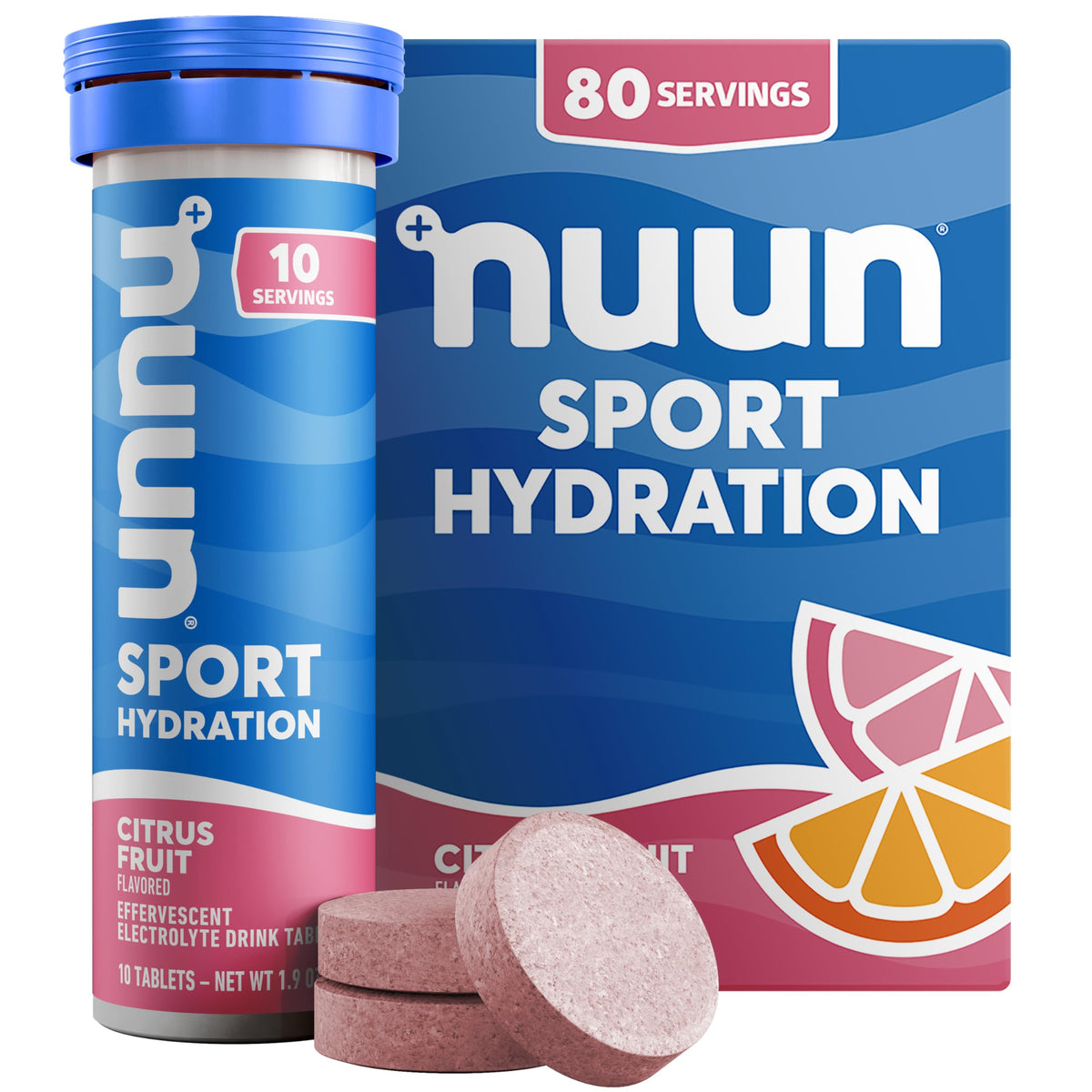 Nuun frente del empaque mostrando tabletas y sabor cítrico, práctico para llevar