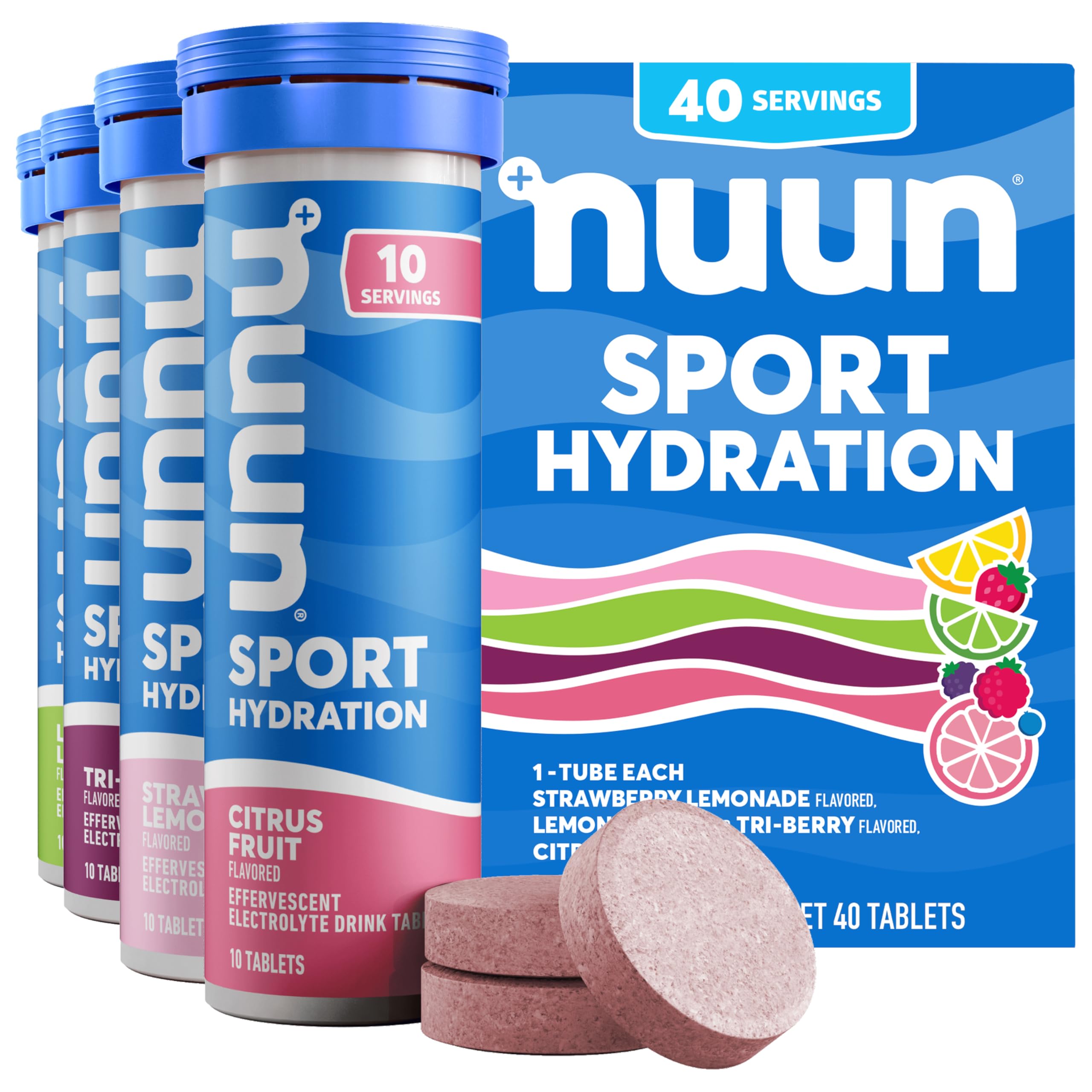 Nuun paquete frontal con colores de sabores, muestra portabilidad y conveniencia