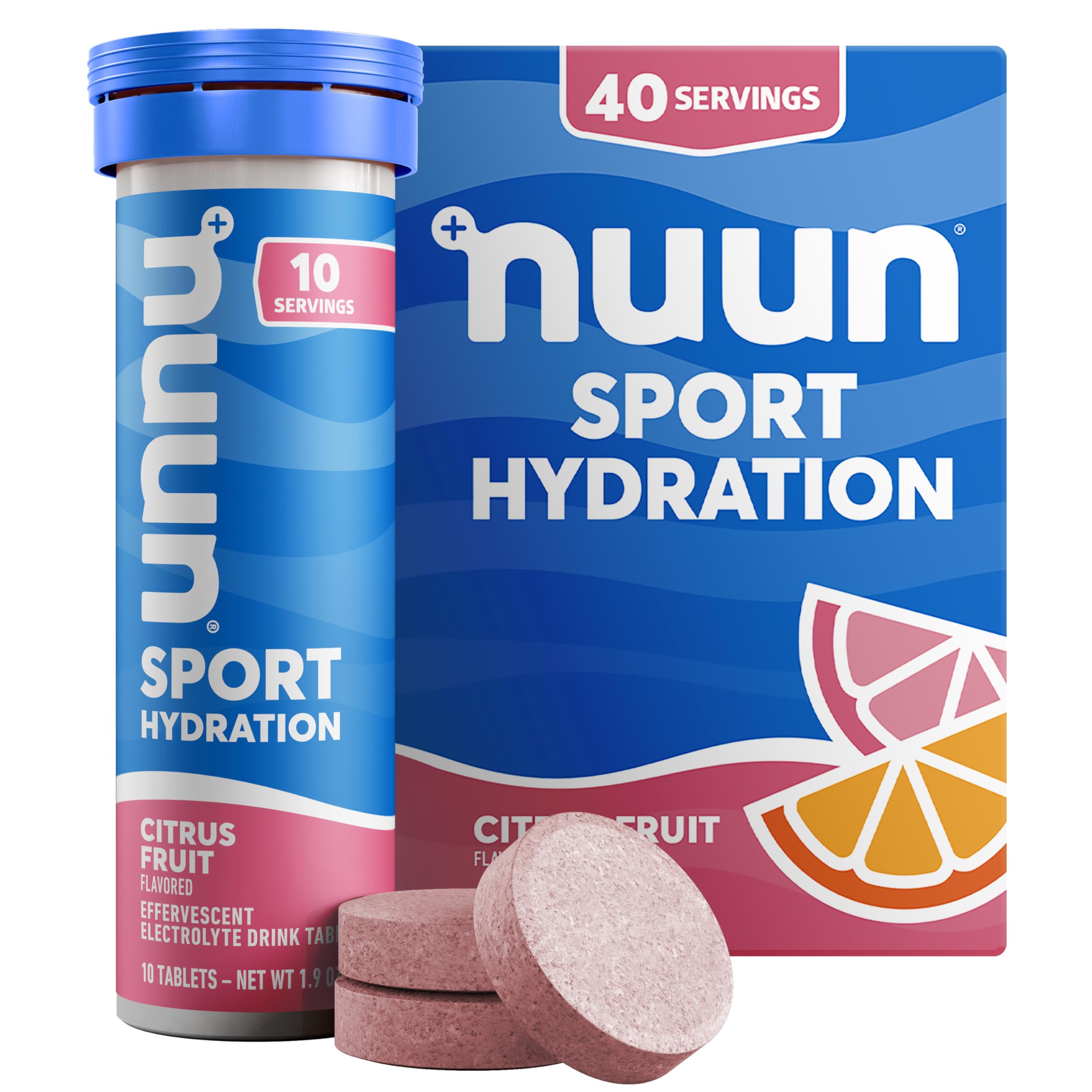 Nuun empaque frontal Citrus Fruit mostrando tubos portátiles y comodidad de uso