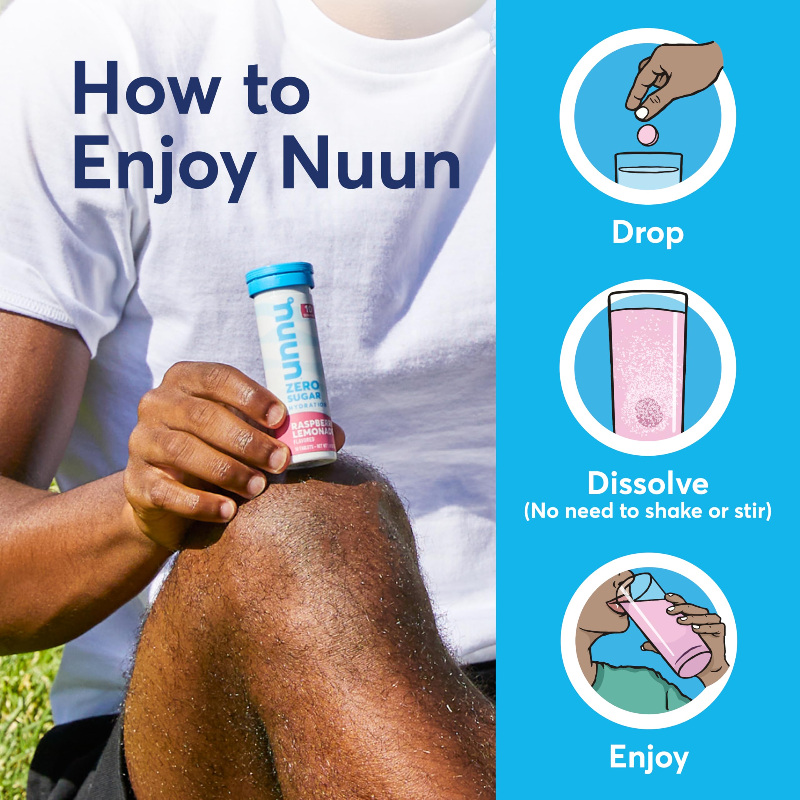Nuun en uso durante caminata y yoga para hidratación diaria ligera