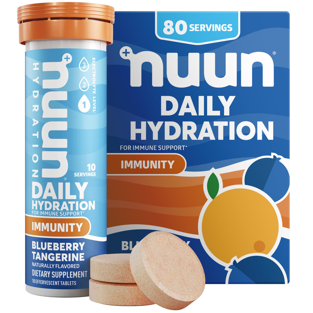 Nuun frente del tubo blueberry tangerine mostrando envase portátil y conveniencia