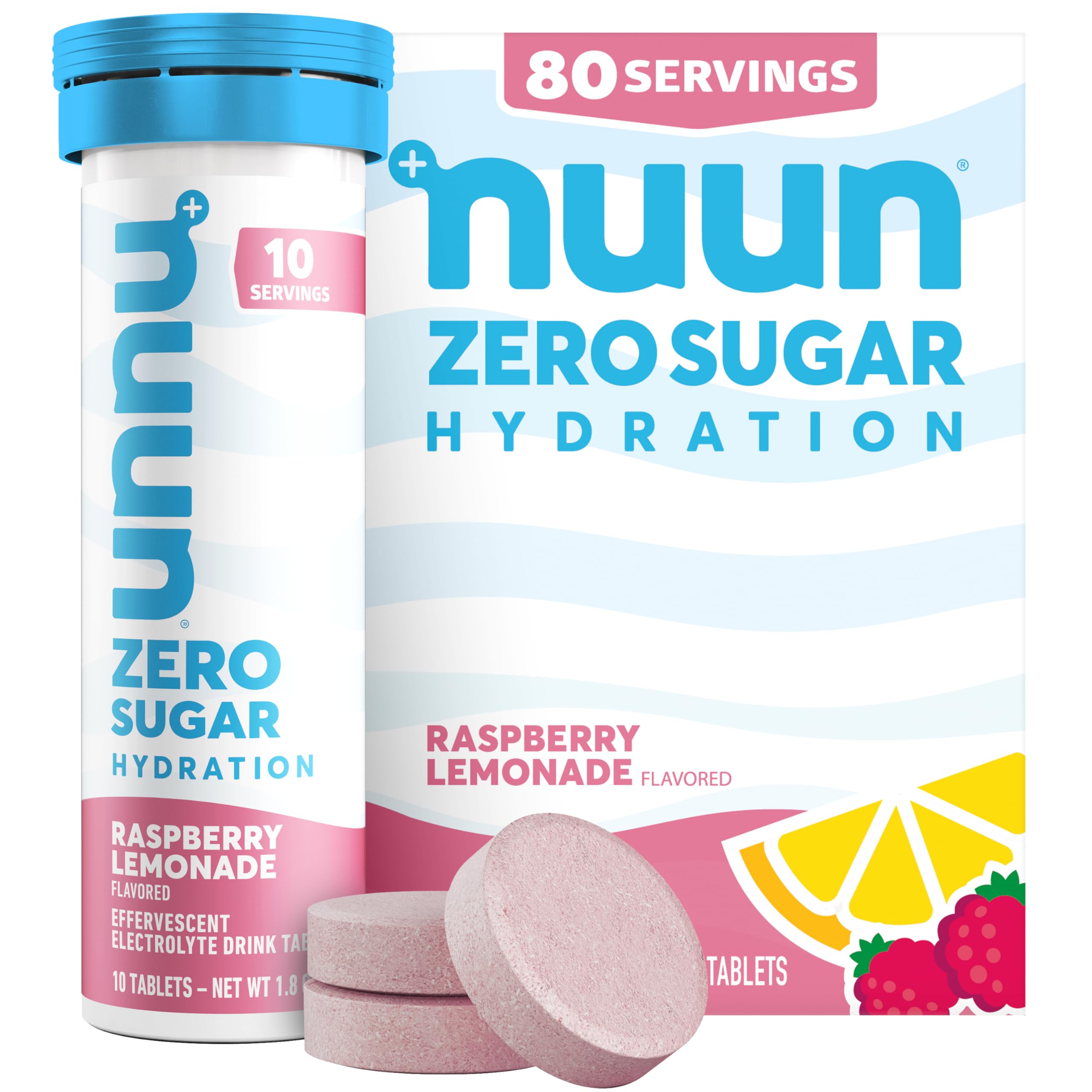 Nuun frente del tubo frambuesa limonada mostrando diseño y cantidad