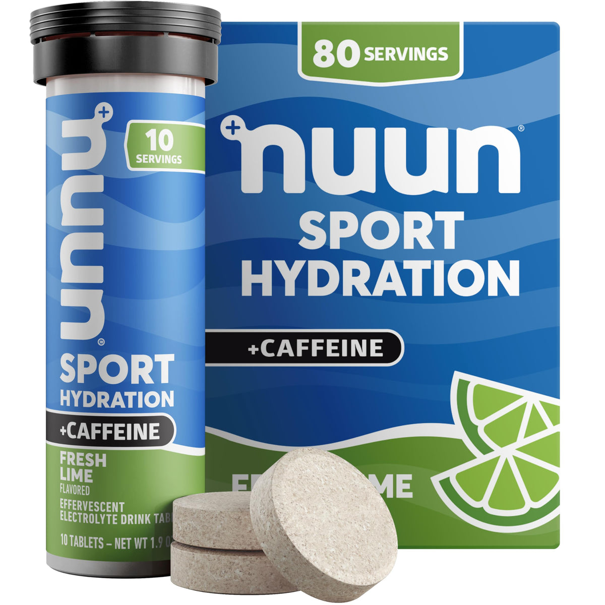 Nuun empaque frontal Fresh Lime mostrando tubos y porciones, hidratación portátil