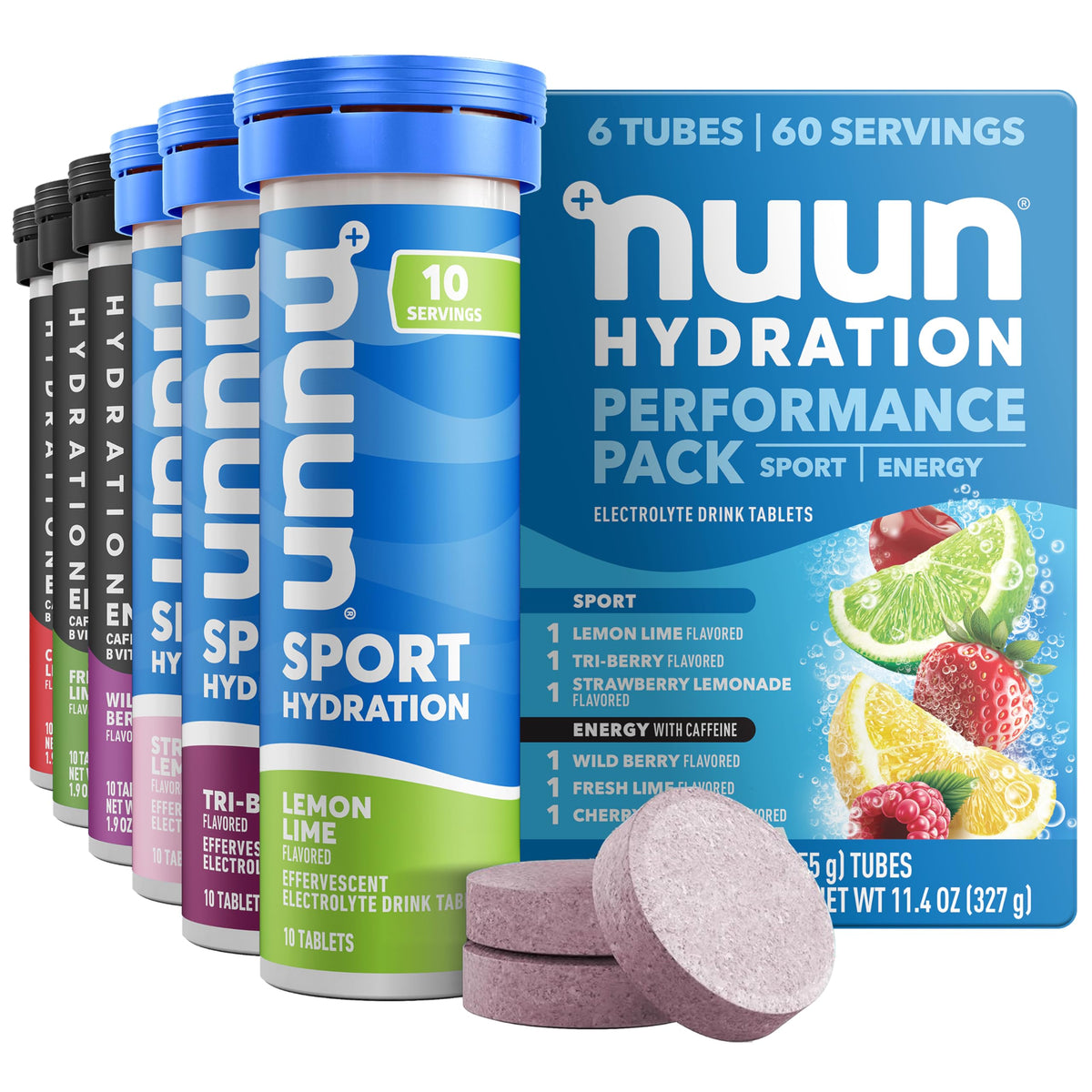 Nuun paquete frontal seis tubos mostrando variedad de sabores y conveniencia