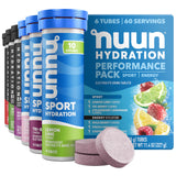Nuun paquete frontal seis tubos mostrando variedad de sabores y conveniencia