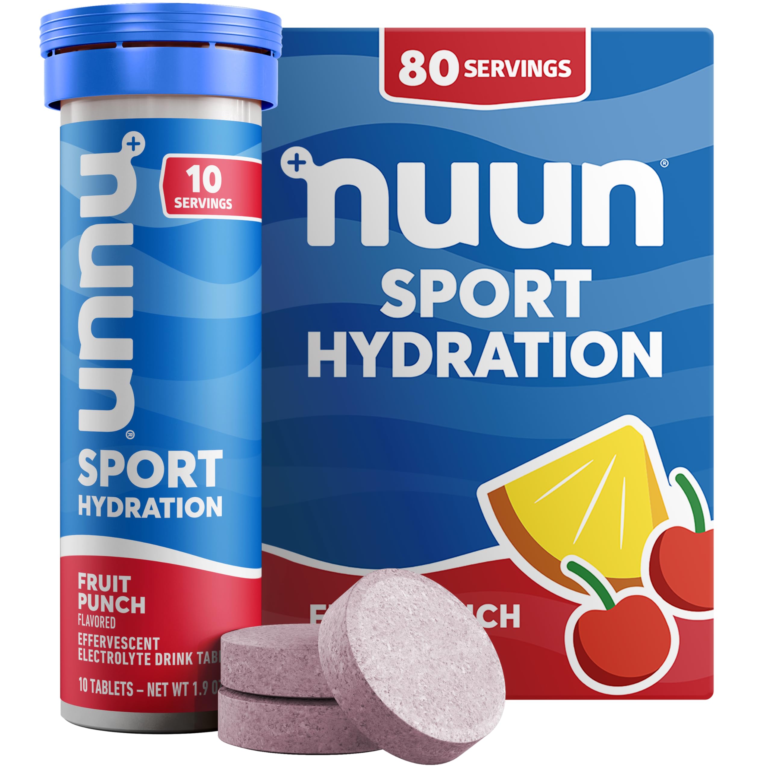 Nuun tubo delantero mostrando sabor Fruit Punch y portabilidad