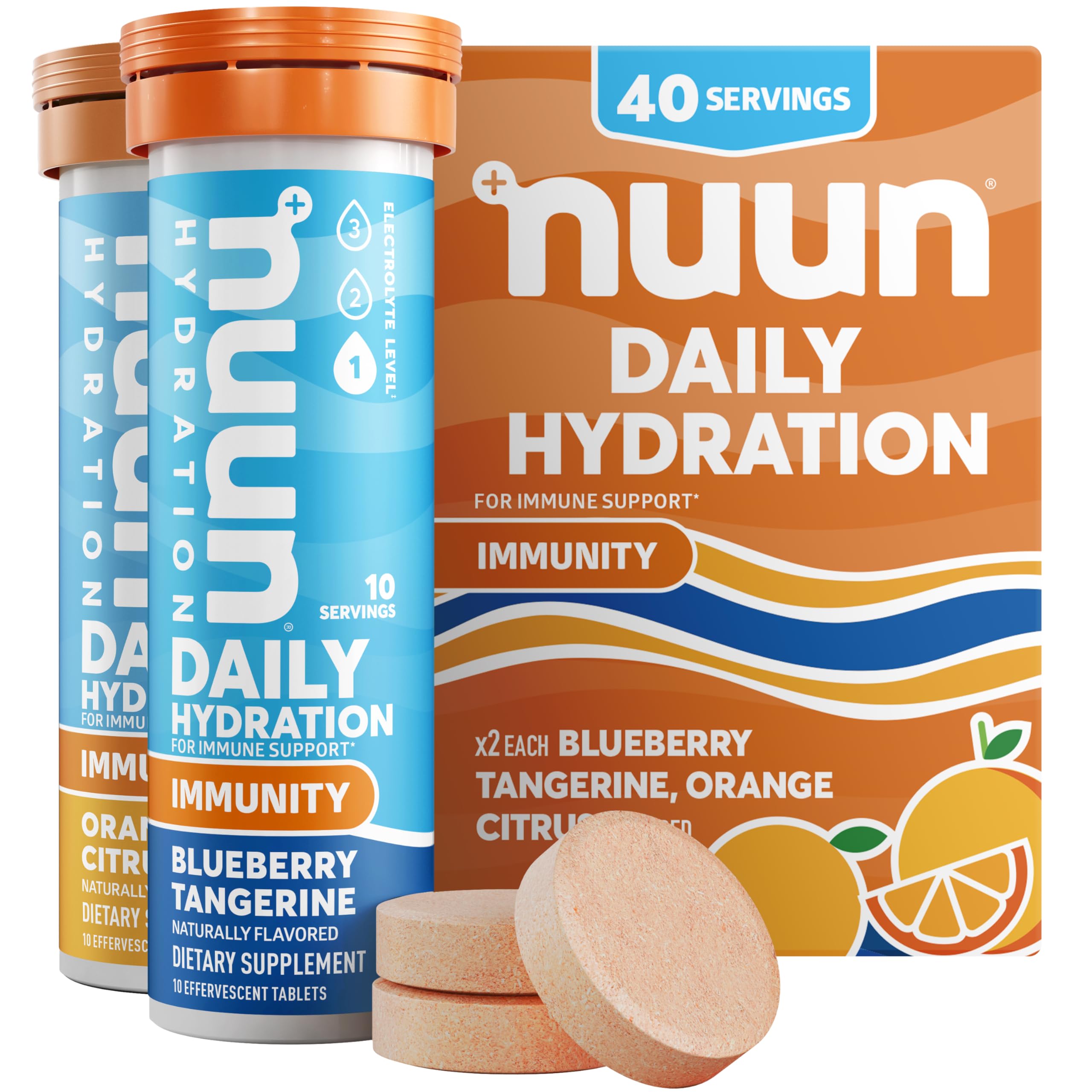 Nuun envase frontal mostrando tubos y sabores, práctico y portable