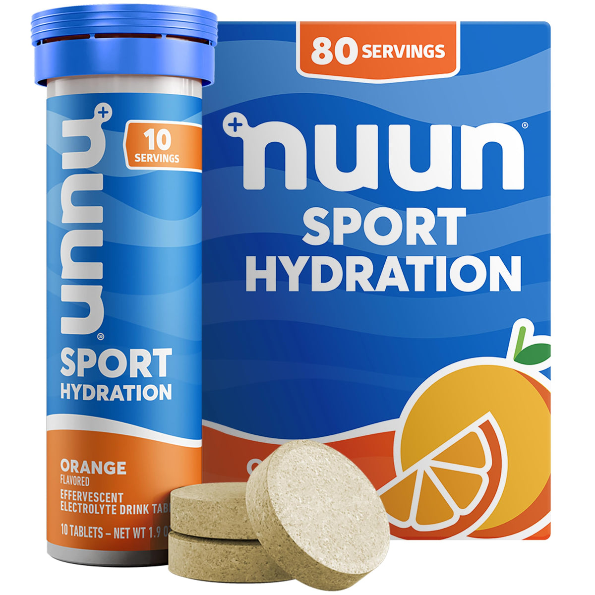 Nuun paquete frontal naranja mostrando tubos portátiles y 80 raciones
