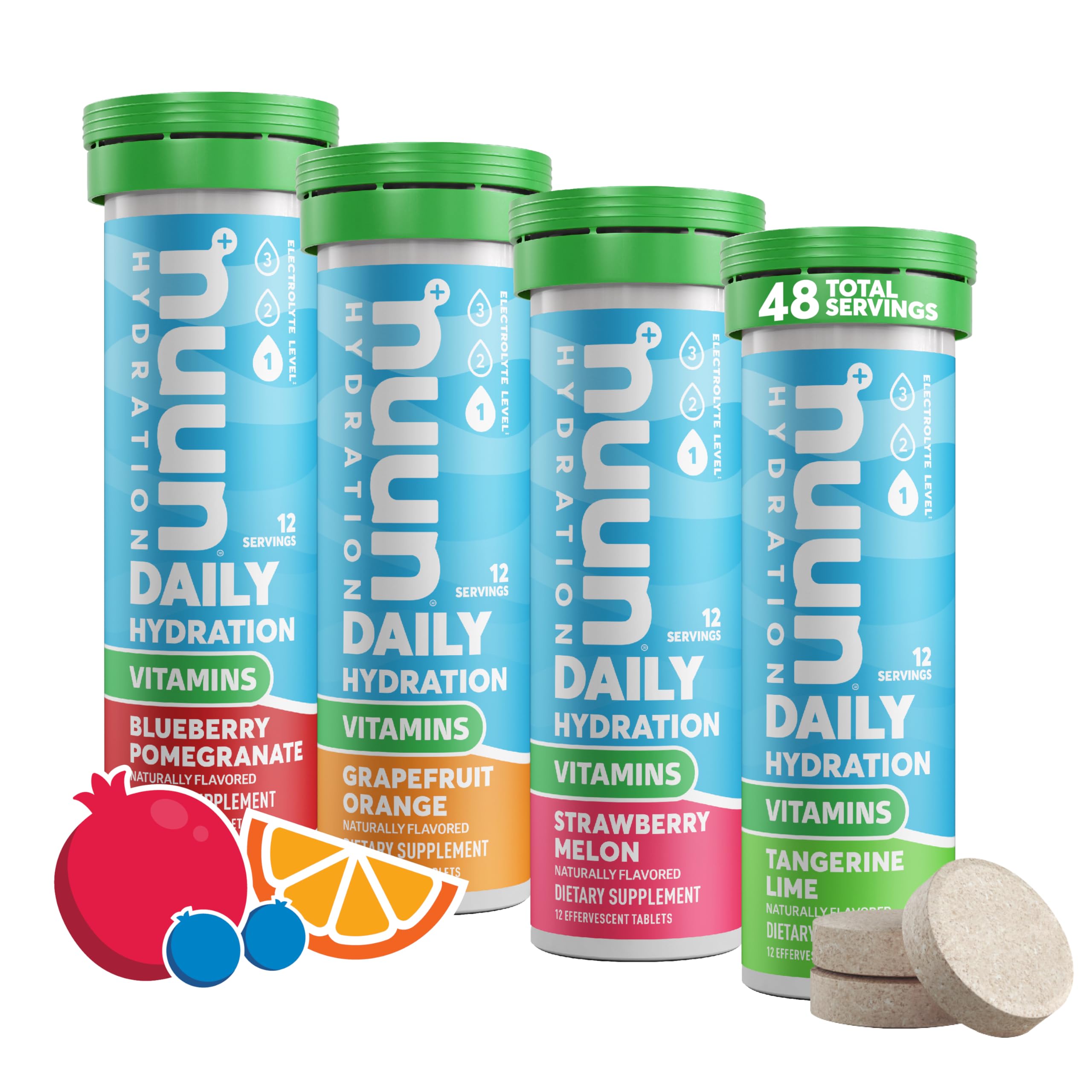 Nuun envase frontal mostrando cuatro tubos y ventaja portátil