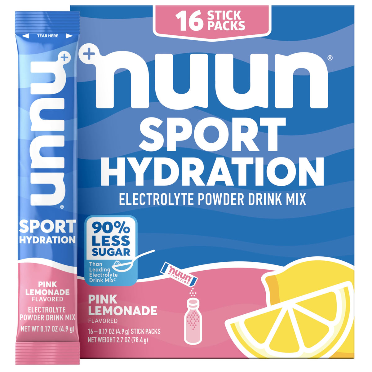 Nuun frente del paquete Pink Lemonade mostrando 16 sobres y conveniencia