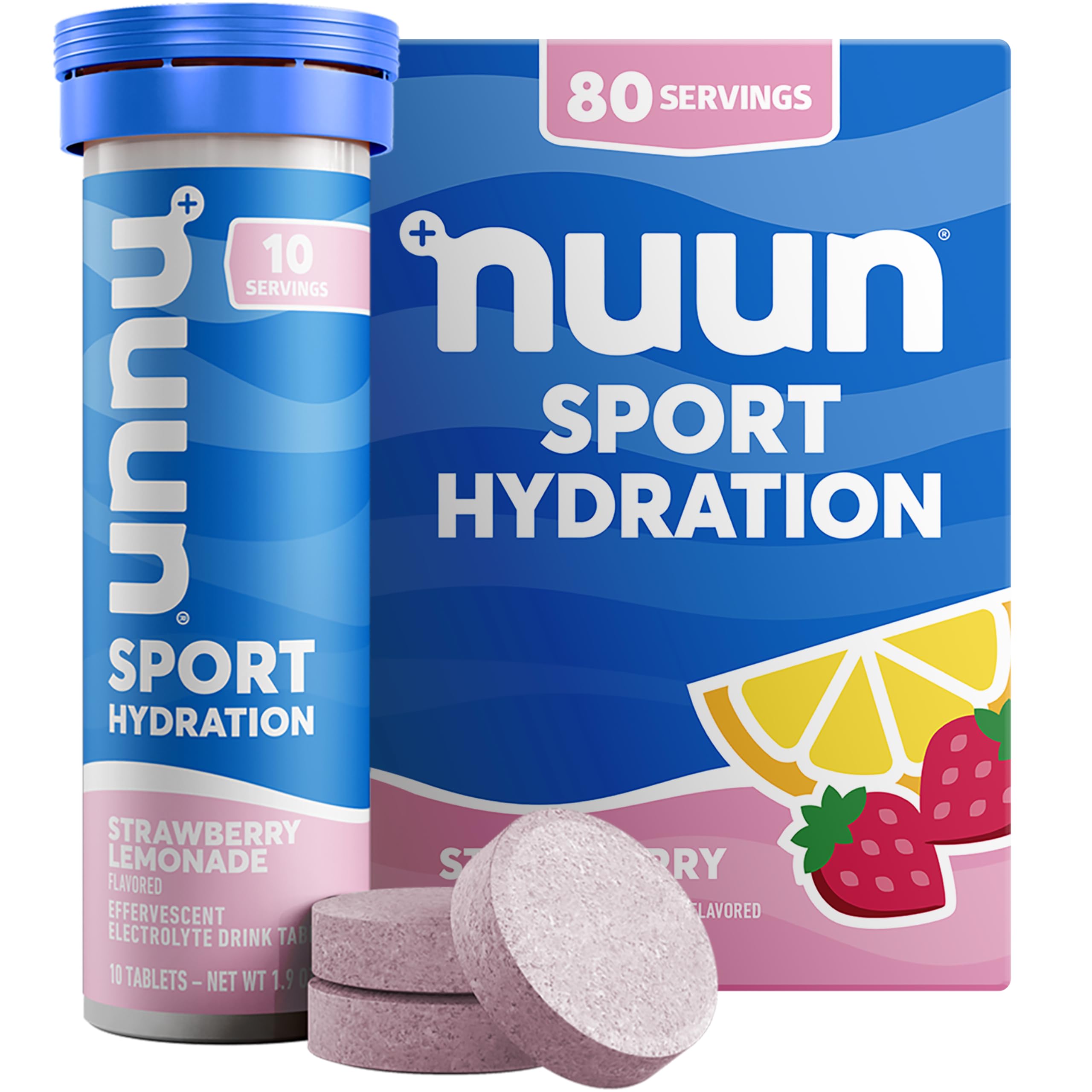 Nuun tubo Strawberry Lemonade al frente mostrando el envase portátil y su conveniencia