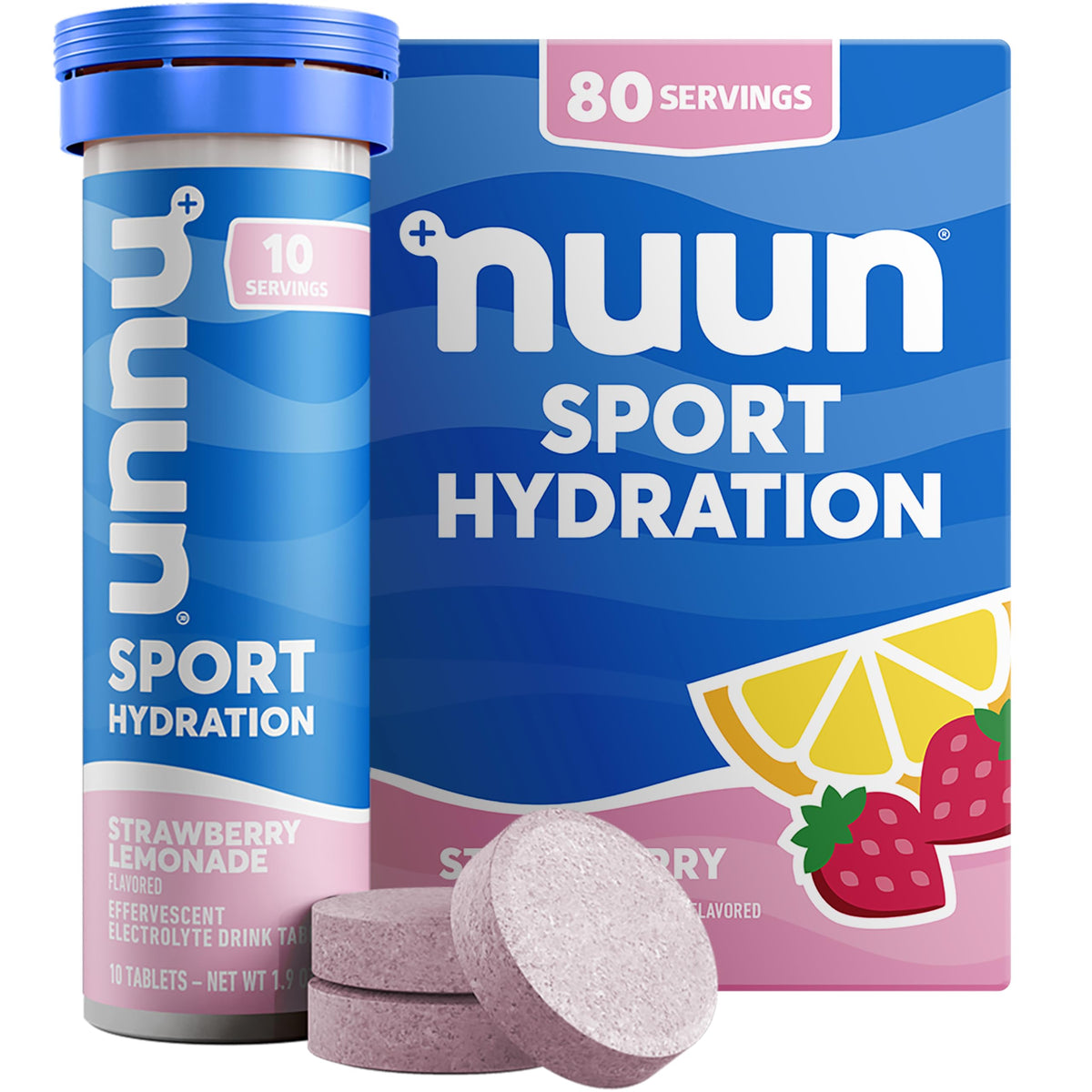 Nuun tubo Strawberry Lemonade al frente mostrando el envase portátil y su conveniencia