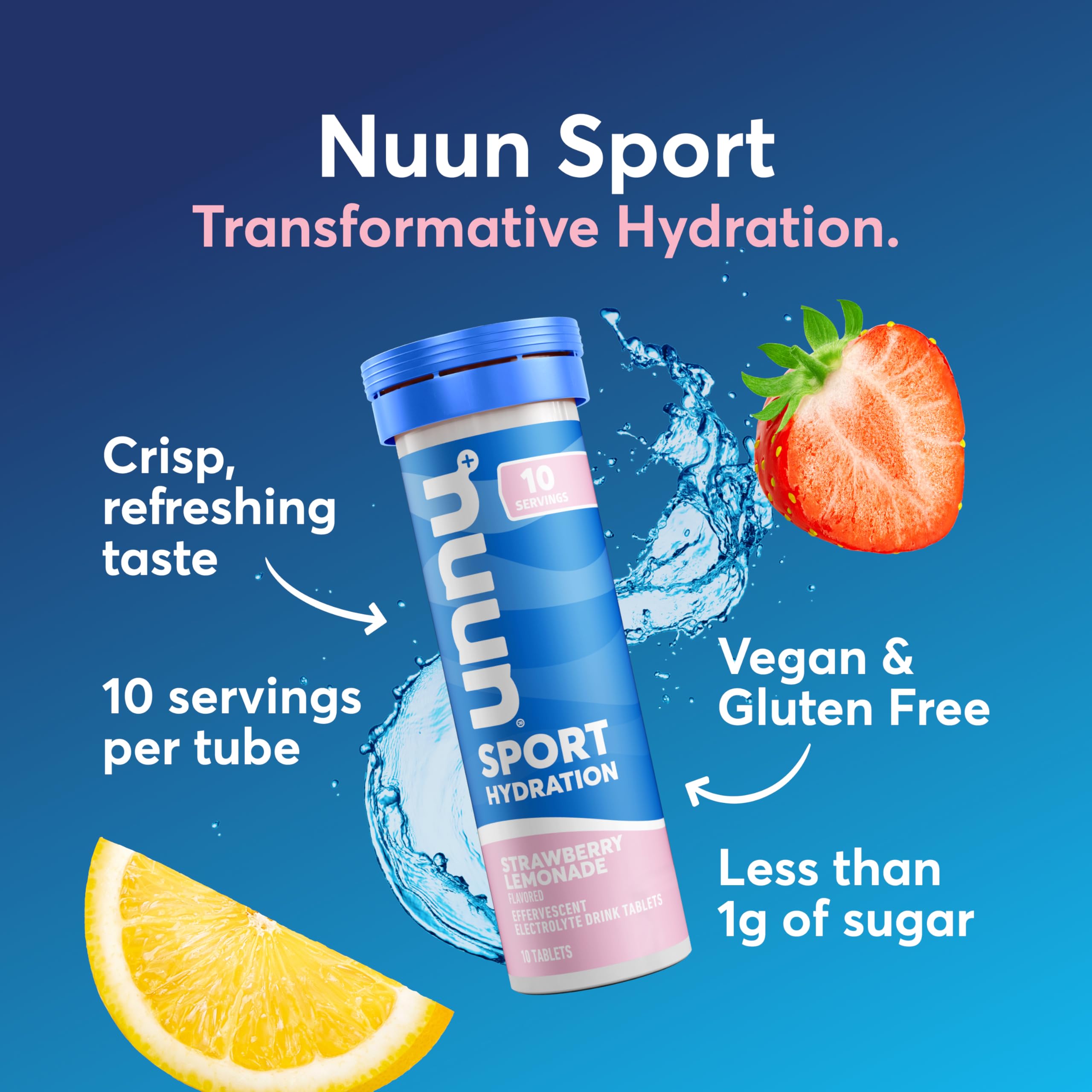 Primer plano de una tableta Nuun Strawberry Lemonade que destaca textura y formato efervescente