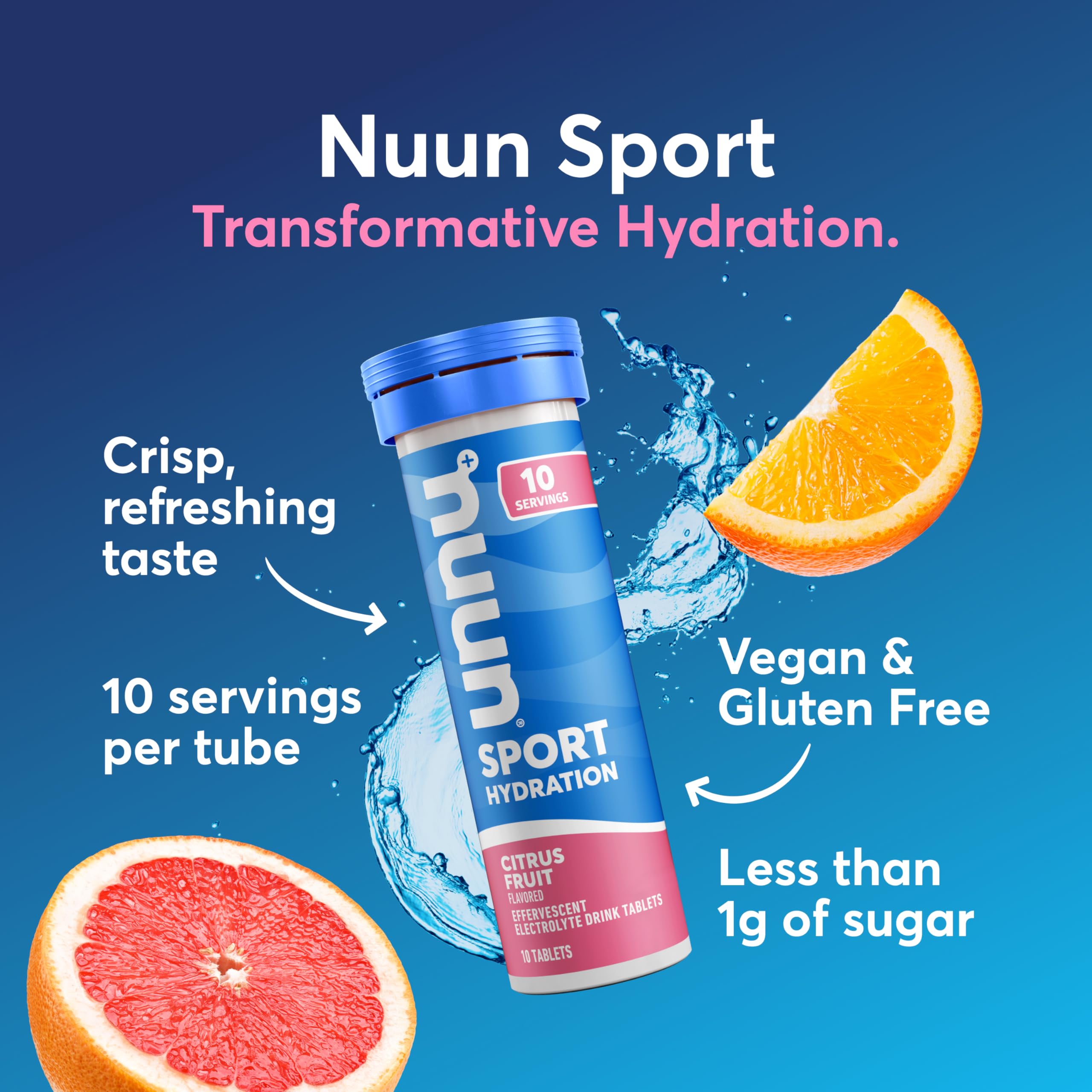 Nuun primer plano de tableta efervescente con textura y burbujeo, fácil disolución