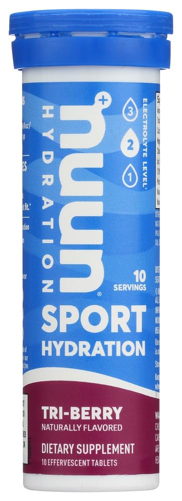 Nuun frente del tubo Tri-Berry mostrando empaque portátil y conveniencia