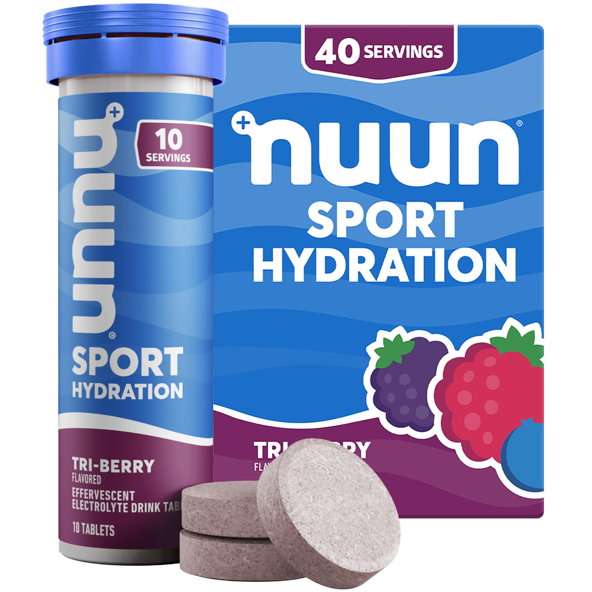 Nuun tubo Tri-Berry frente con etiqueta visible para identificar sabor
