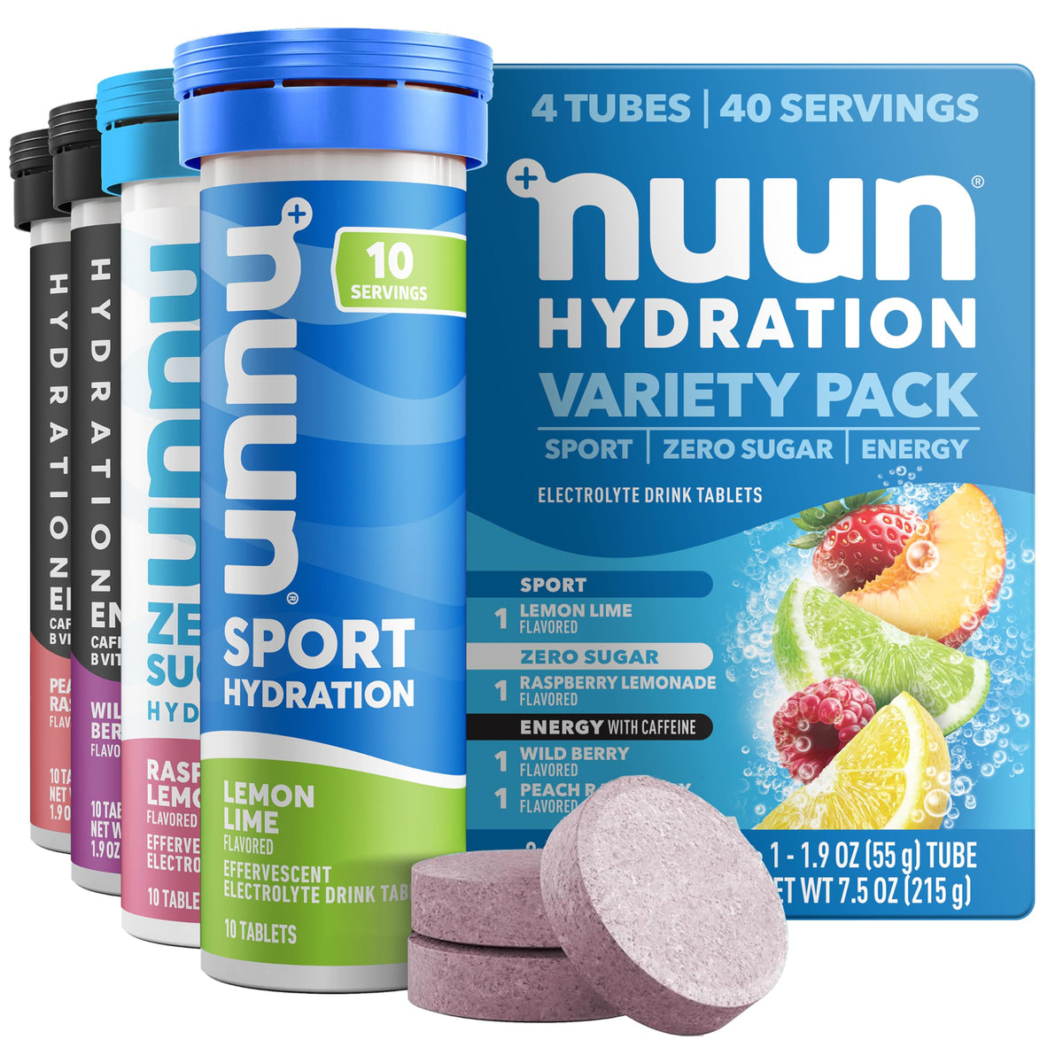 Nuun tubo frente mostrando los cuatro sabores y conveniencia