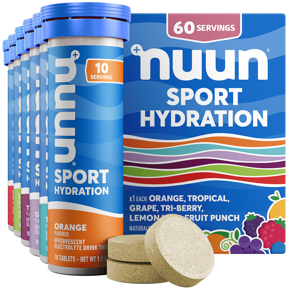 Nuun tubo frente mostrando diseño y portabilidad para hidratación rápida