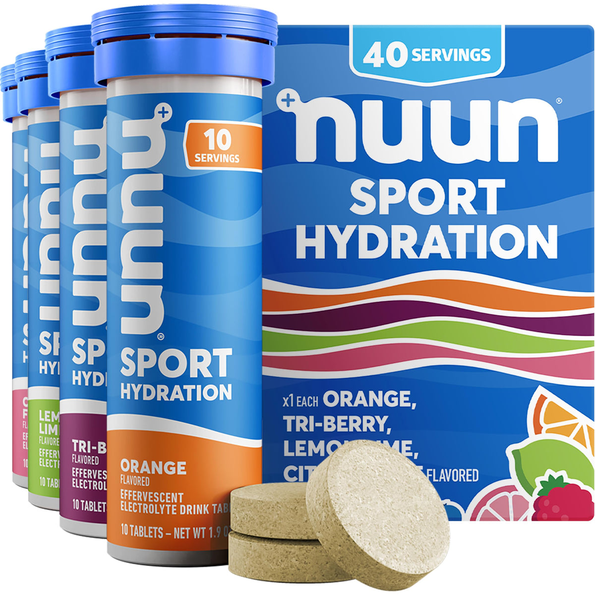 Nuun tubo frente mostrando sabores mixtos y portabilidad