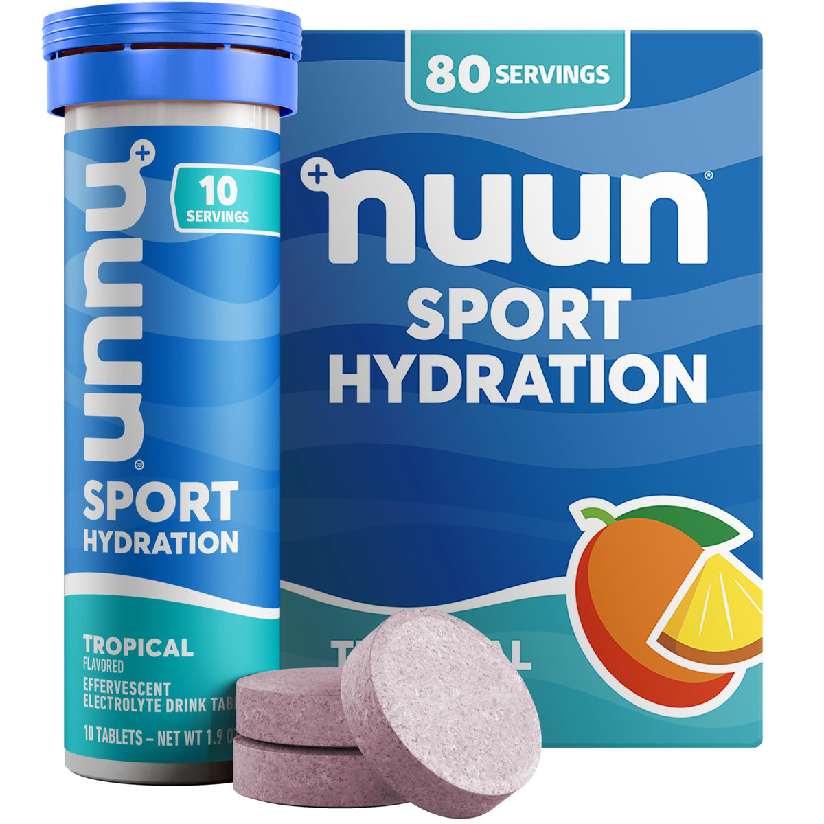 Nuun tubo frontal Tropical mostrando envase portátil y conveniencia